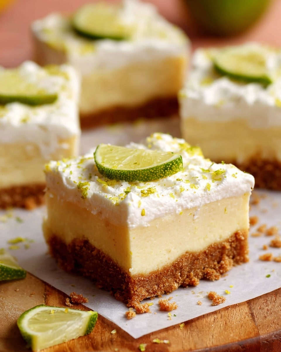 The image shows lemon bars with three clear layers. The bottom layer is thick, crumbly, and brown like a cookie crust. The middle layer is smooth, creamy, and pale yellow like lemon filling. The top layer is thick, fluffy, and white like whipped cream or frosting, sprinkled with green lemon zest. One lemon bar in the front has a thin slice of lime on top. The bars rest on white parchment paper on a wooden surface, with some crumbs and lime slices scattered around, and the background is warm and soft. photo taken with an iphone --ar 4:5 --v 7