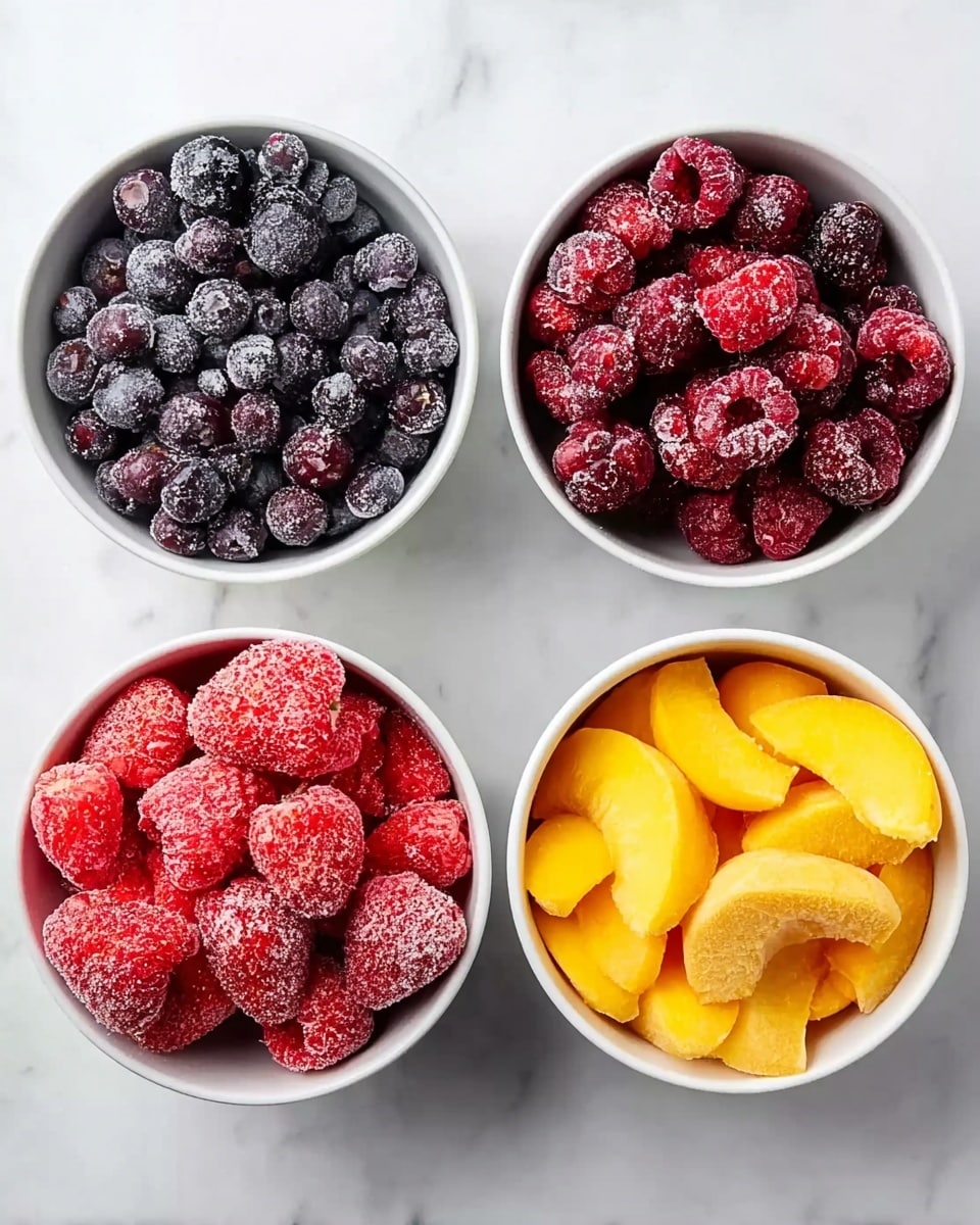 Four white bowls filled with different frozen fruits sit on a white marbled surface, each bowl showing a distinct type and color of fruit. The top left bowl contains many small, dark purple blueberries covered with frost. The top right bowl holds a mix of red and deep red raspberries, also frozen with visible icy crystals. The bottom left bowl is filled with medium-sized frozen strawberries, bright red and frosty. The bottom right bowl contains bright yellow frozen peach slices with a light frost layer. The fruits are clearly separated by the bowls, and the overall look is colorful and fresh. Photo taken with an iphone --ar 4:5 --v 7