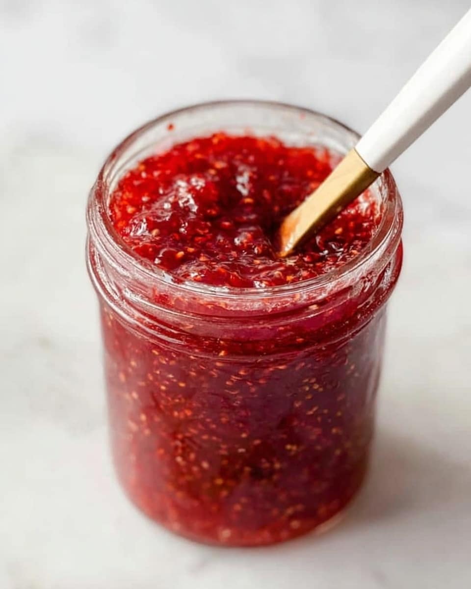 A clear glass jar filled with thick, vibrant red jam that has small seeds and fruit chunks visible inside, showing a textured, slightly shiny surface. A wooden spoon with a white handle rests inside the jar, partially submerged in the jam. The jar is placed on a white marbled surface with soft natural light creating gentle shadows. Photo taken with an iphone --ar 4:5 --v 7