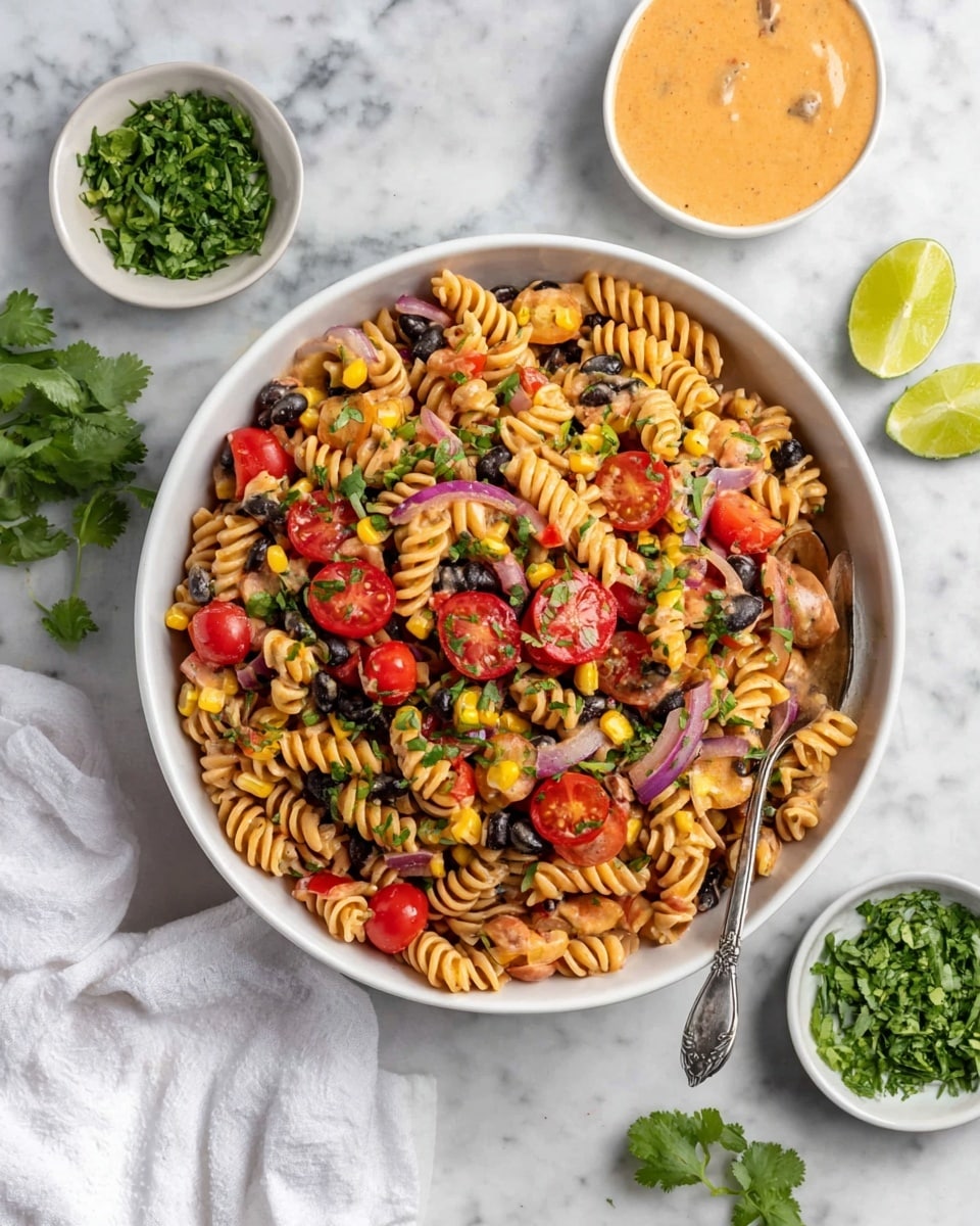 A large white bowl filled with spiral pasta mixed with black beans, corn, diced red bell peppers, chopped red onions, slices of cherry tomatoes, and chopped green herbs scattered on top. The pasta is coated in a light reddish sauce. Around the bowl are three smaller white bowls with chopped green herbs, halved cherry tomatoes, and a creamy orange sauce with a spoon inside. A wedge of lime and some fresh green herbs are placed on a white marbled surface along with a silver spoon and a white cloth. The photo taken with an iphone --ar 4:5 --v 7