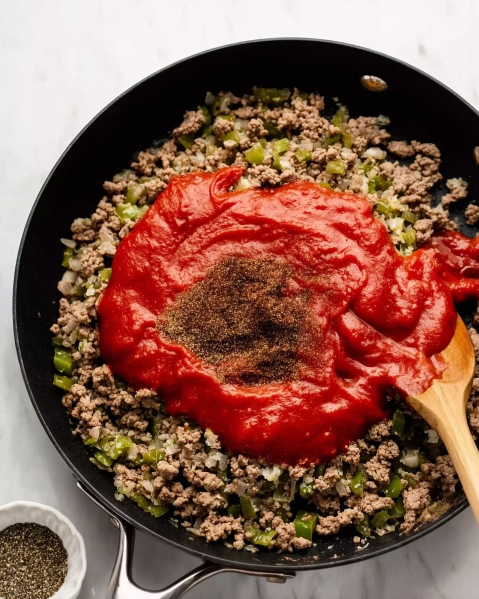 A close-up view of a black pan filled with cooked ground meat mixed with chopped green peppers and onions, forming the first layer which is textured and crumbly with bits of green and white. On top of this layer, there is a thick pour of bright red tomato sauce spread unevenly across the center, with a dark brown powdery spice sprinkled on the sauce. A wooden spoon rests on the right edge of the pan. The pan is placed on a white marbled surface with a small white bowl containing black pepper partially visible at the bottom left corner. Photo taken with an iphone --ar 4:5 --v 7