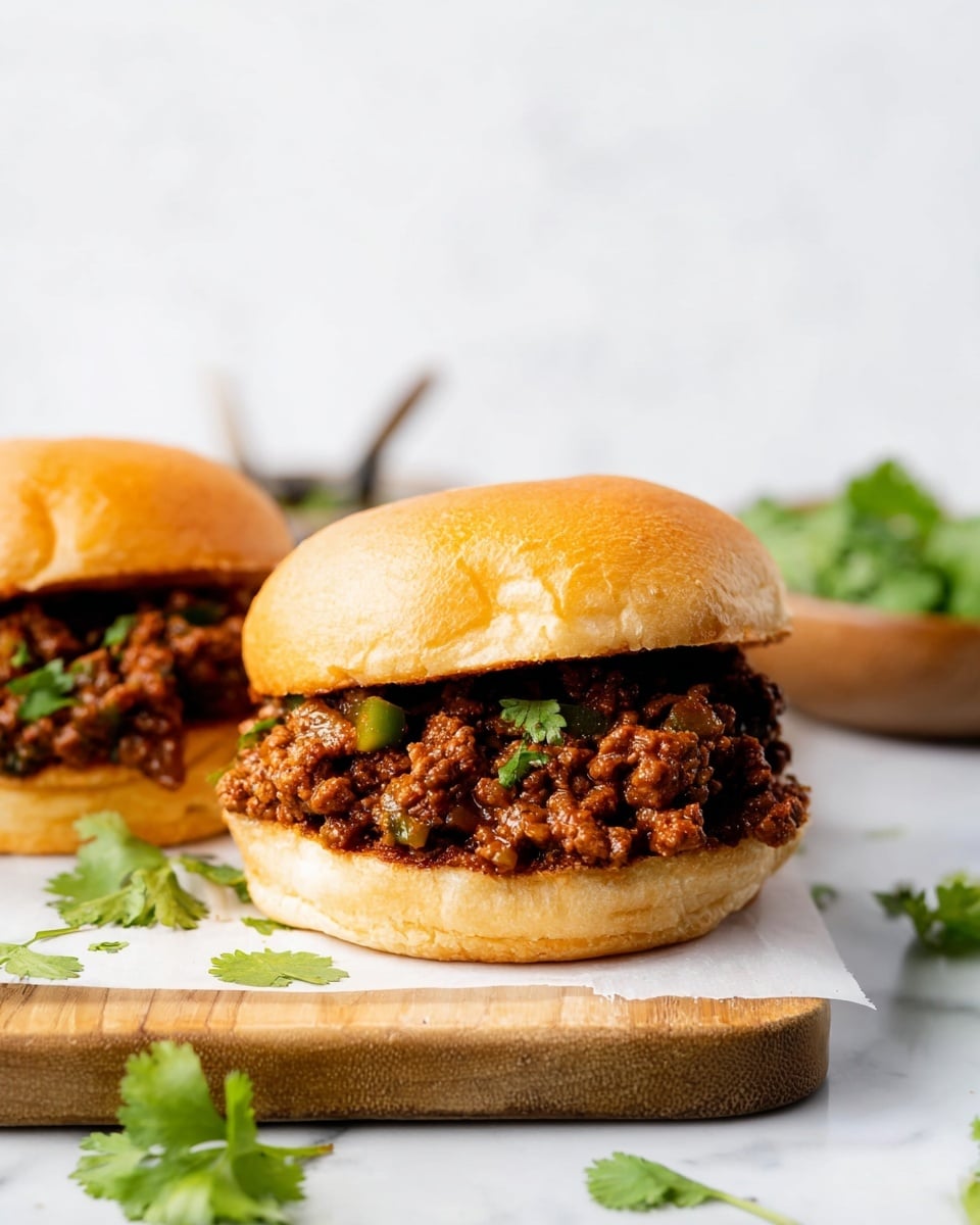 Two sloppy joe sandwiches sit side by side on a wooden board with white parchment paper underneath, placed on a white marbled surface. Each sandwich has a golden-brown toasted bun as the top layer, with the bottom bun holding a thick layer of chunky, rich brown ground meat mixed with small pieces of green bell pepper. Fresh green cilantro leaves are sprinkled over the meat and around the board, adding pops of green color. In the background, there is a blurred small bowl and some greens, all set against a clean white marbled texture. photo taken with an iphone --ar 4:5 --v 7