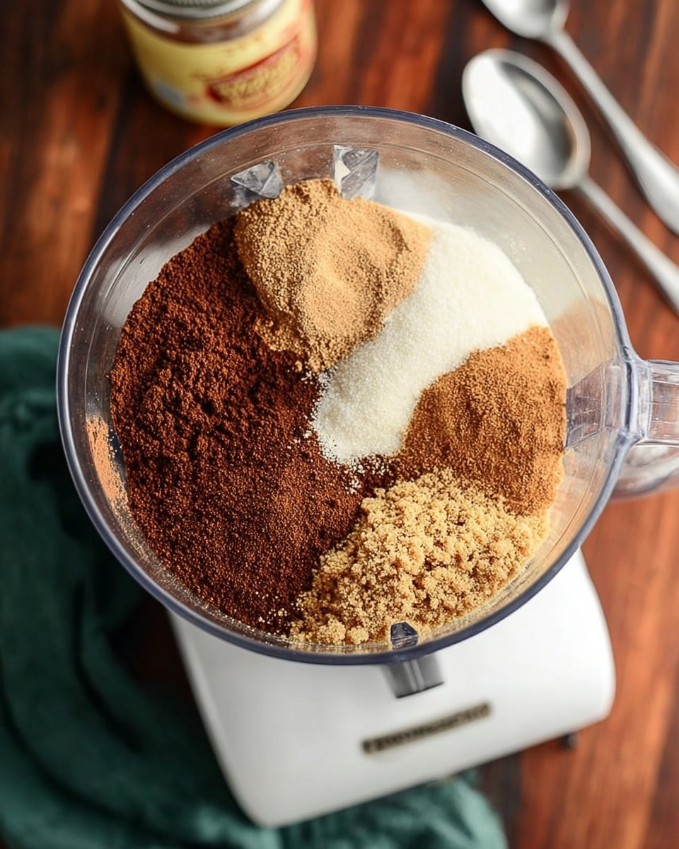 A clear glass blender bowl sits on a white blender base, filled with several dry ingredients arranged in separate sections. Inside, there are five visible layers: a dark brown coffee ground layer on the left, a cinnamon-colored powder covering a large section on the right, a light tan sugar layer in the upper center, a white granulated layer at the bottom, and a light brown crumbly layer near the middle. The background features a dark wood surface partially covered by a green cloth, but the rest is changed to a white marbled texture. Two metal spoons rest at the top right. Photo taken with an iphone --ar 4:5 --v 7