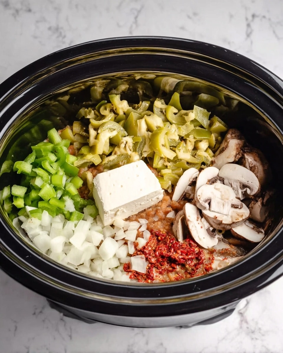 Inside a black slow cooker, many ingredients are arranged in separate sections. On the left, there are small bright green chopped pieces, next to a block of white cream cheese. Above the cheese is a pile of chopped yellow-green peppers with small bits of red. To the right, thin round slices of white mushrooms are layered over a brownish base with reddish seasoning. In the front center, pieces of white chopped onion are visible. The slow cooker sits on a white marbled surface. Photo taken with an iphone --ar 4:5 --v 7
