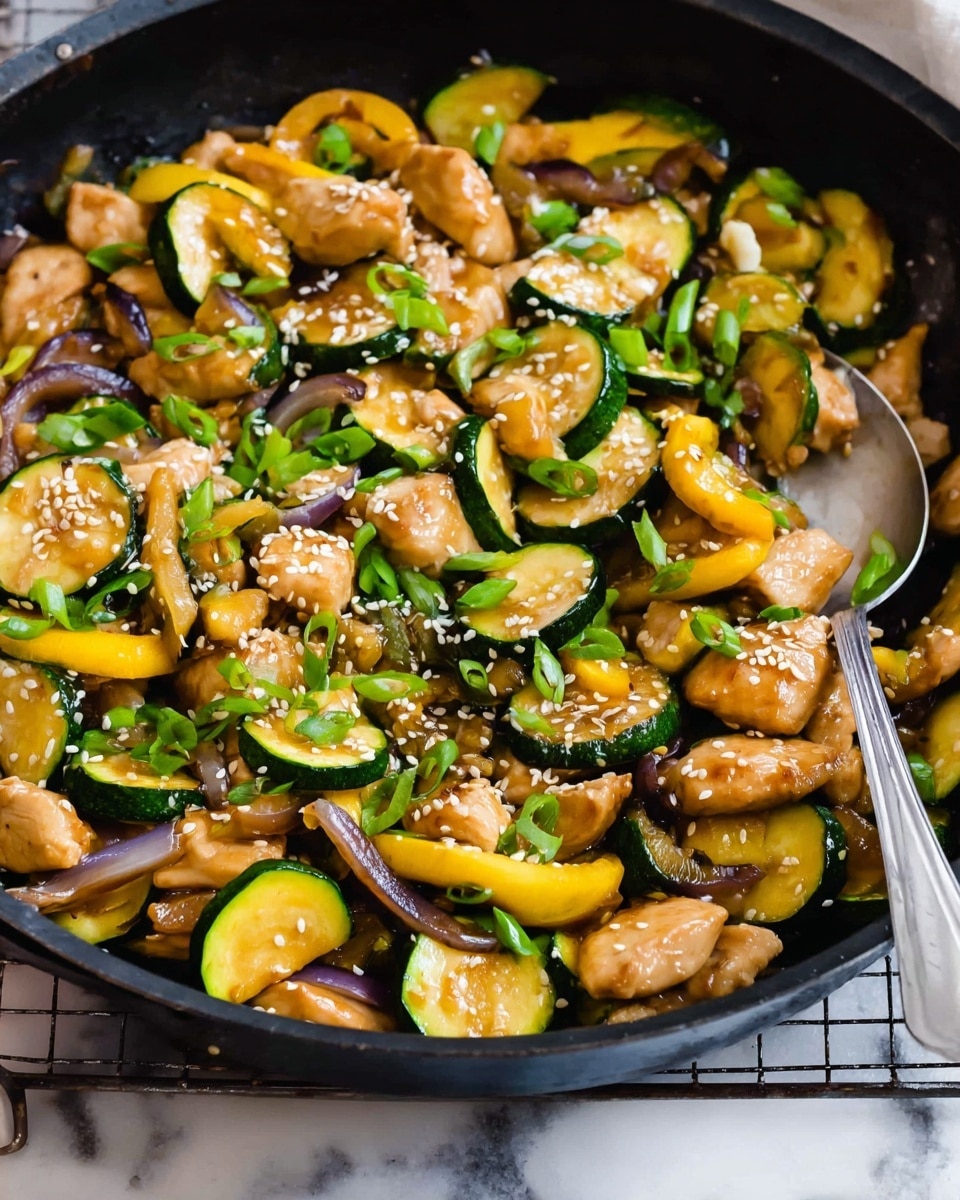 A close-up view of a large black skillet filled with a colorful stir-fry including light brown pieces of chicken, bright green and yellow slices of zucchini, and soft purple onion strips. The dish is topped with small white sesame seeds and chopped fresh green onions. There is a silver spoon resting inside the skillet on the right side. The skillet sits on a wire rack over a white marbled surface. Photo taken with an iphone --ar 4:5 --v 7
