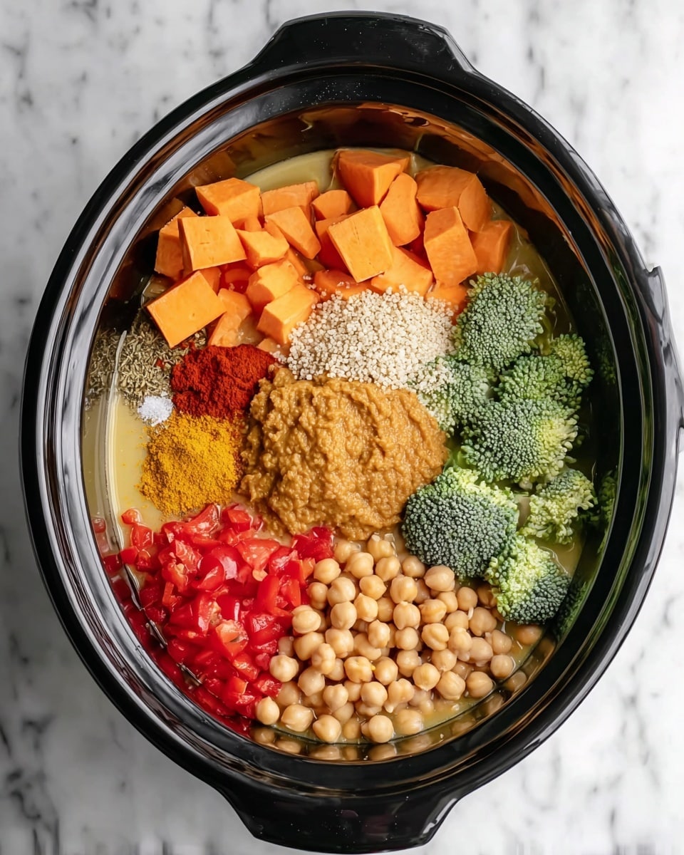 A black slow cooker bowl sits on a white marbled surface, filled with several raw ingredients arranged in separate sections. Starting from the top right, there are bright orange cubes of sweet potato, next to a pile of small off-white grains of quinoa. Below them are fresh, green broccoli florets at the bottom right. In the center is a dollop of smooth light brown paste on top of a mound of minced pale yellow ginger. To the left are some bright red diced tomatoes, and next to them are light tan chickpeas grouped together. In the center above the ginger are three small piles of spices: a yellow turmeric powder, a dark red chili powder, and some finely chopped white onions. All ingredients sit in a creamy liquid base coating the bottom of the slow cooker bowl. photo taken with an iphone --ar 4:5 --v 7