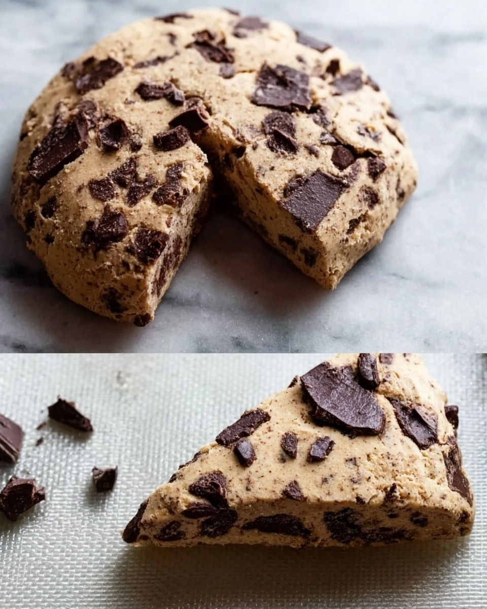 The image shows a round piece of chocolate dough on a white marbled surface, filled with dark chocolate chunks spread throughout. Next to it, there is a close-up of a triangle-shaped chocolate scone, also filled with dark chocolate pieces, resting on a textured white baking mat. The dough's texture looks firm and smooth with slightly uneven chocolate chunks visible on the surface. photo taken with an iphone --ar 4:5 --v 7