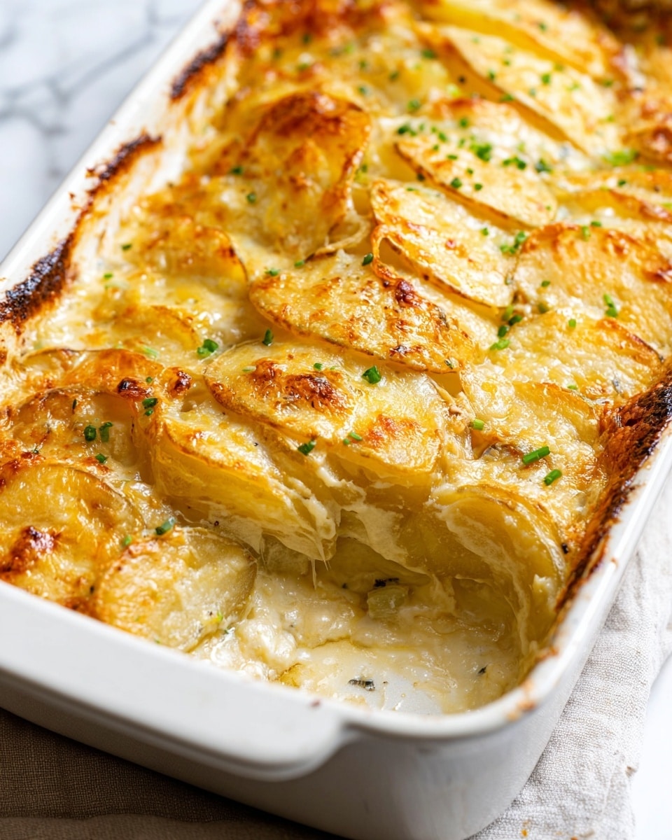 This image shows a white rectangular baking dish filled with a creamy potato casserole. The dish has many thin layers of golden brown sliced potatoes arranged in a slightly overlapping vertical pattern along the length of the dish. The top layer of the potatoes is covered in a bubbly, melted cheese sauce that is golden and slightly crisp on the edges. Small green herbs, likely chopped chives, are sprinkled on top adding a pop of color. There is a slight scoop missing from the corner, revealing the creamy texture inside. The dish is placed on a white marbled surface with a soft cloth underneath. Photo taken with an iphone --ar 4:5 --v 7