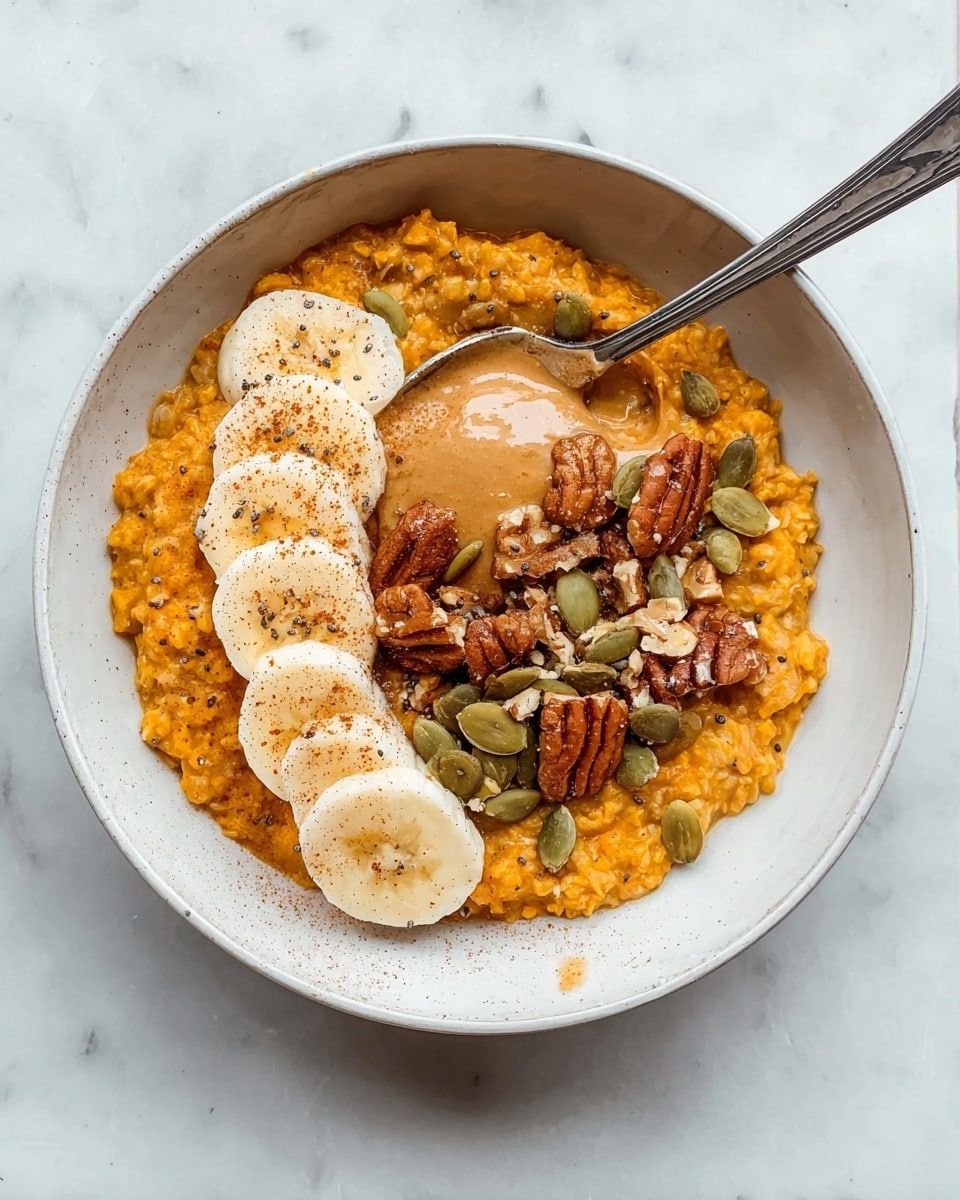 A white bowl sits on a white marbled surface, filled with a base layer of orange oatmeal with visible grain texture. On one side of the oatmeal, there are three evenly spaced banana slices, light yellow with small brown specks, sprinkled with tiny black chia seeds and a touch of cinnamon powder. On the other side, a generous dollop of light brown nut butter sits topped with clusters of granola bits, pecans, and green pumpkin seeds. A silver spoon rests inside the bowl, slightly pushed into the oatmeal on the left side. Photo taken with an iphone --ar 4:5 --v 7