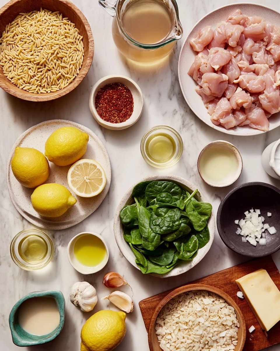 The image shows an assortment of fresh ingredients arranged on a white marbled surface. In the top left, a wooden bowl is filled with uncooked orzo pasta, next to a clear glass pitcher with a light brown liquid. Below the pitcher, a small white bowl contains a reddish spice, and beside it, a larger white bowl is filled with raw, pink chunks of chicken. To the left, a white plate holds two whole lemons and several lemon slices, along with two small glass containers filled with light yellow and golden liquids, and a few green spinach leaves nearby. A wooden bowl of fresh green spinach sits just below the small bowl of spice. At the bottom right, a wooden bowl is filled with chopped onions, next to a small white jug holding a creamy white liquid. On a wooden cutting board, there are two halves of a shallot, a few garlic cloves, a black bowl with a pale yellow sauce, and a small chunk of hard cheese is partially visible on the left edge. Woman's hand is not visible in this image. photo taken with an iphone --ar 4:5 --v 7