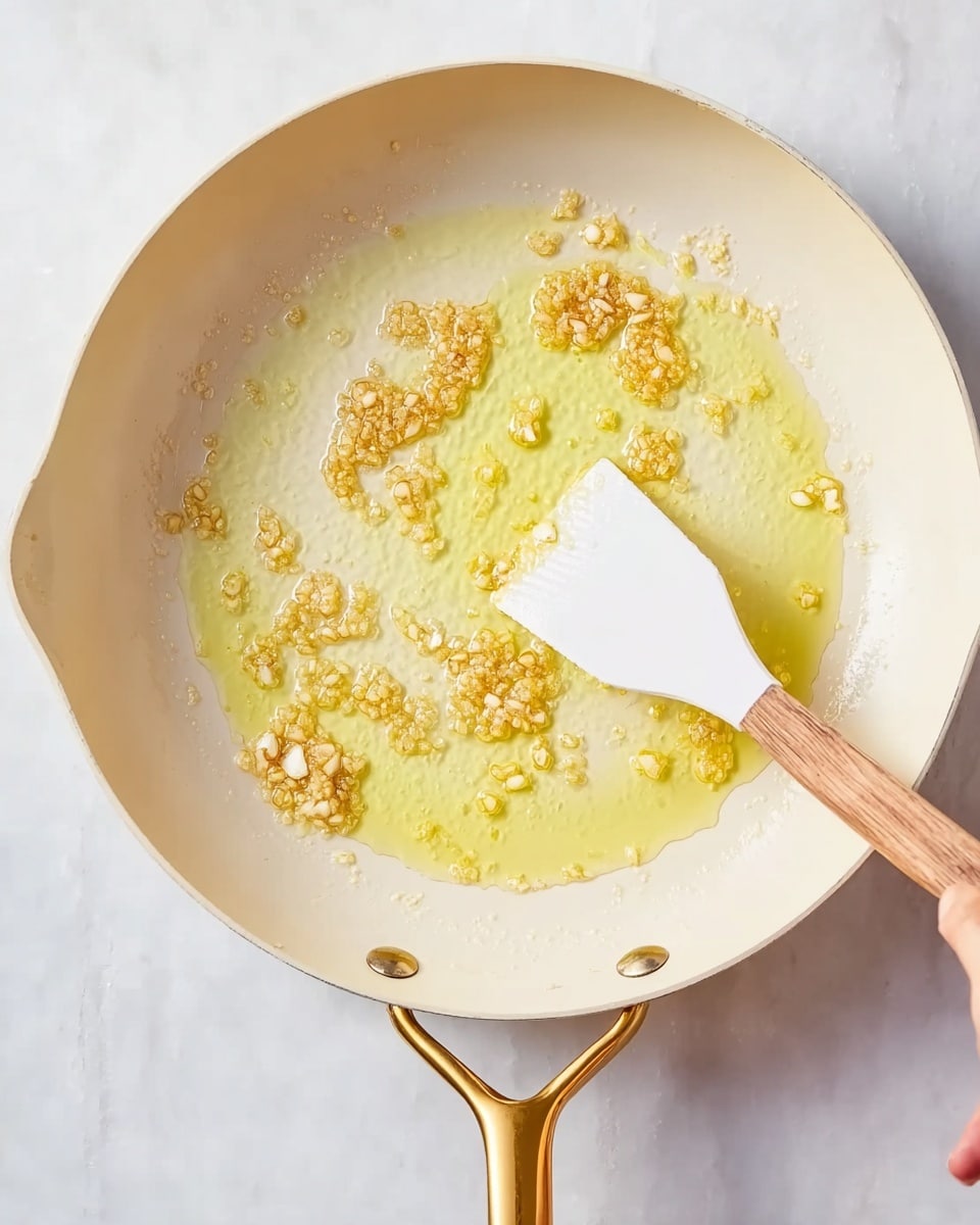 A white frying pan with golden handles sits on a white marbled surface, filled with light yellow oil that has small brown garlic pieces sizzling in it. A white spatula with a brown wooden handle is gently stirring the oil and garlic, with a woman's hand holding it from the right side of the image. The garlic bits look soft, slightly browned, and spread unevenly inside the oil, which has a shiny, smooth texture. The lighting highlights the glossiness of the oil and the gentle bubbles around the garlic pieces. photo taken with an iphone --ar 4:5 --v 7