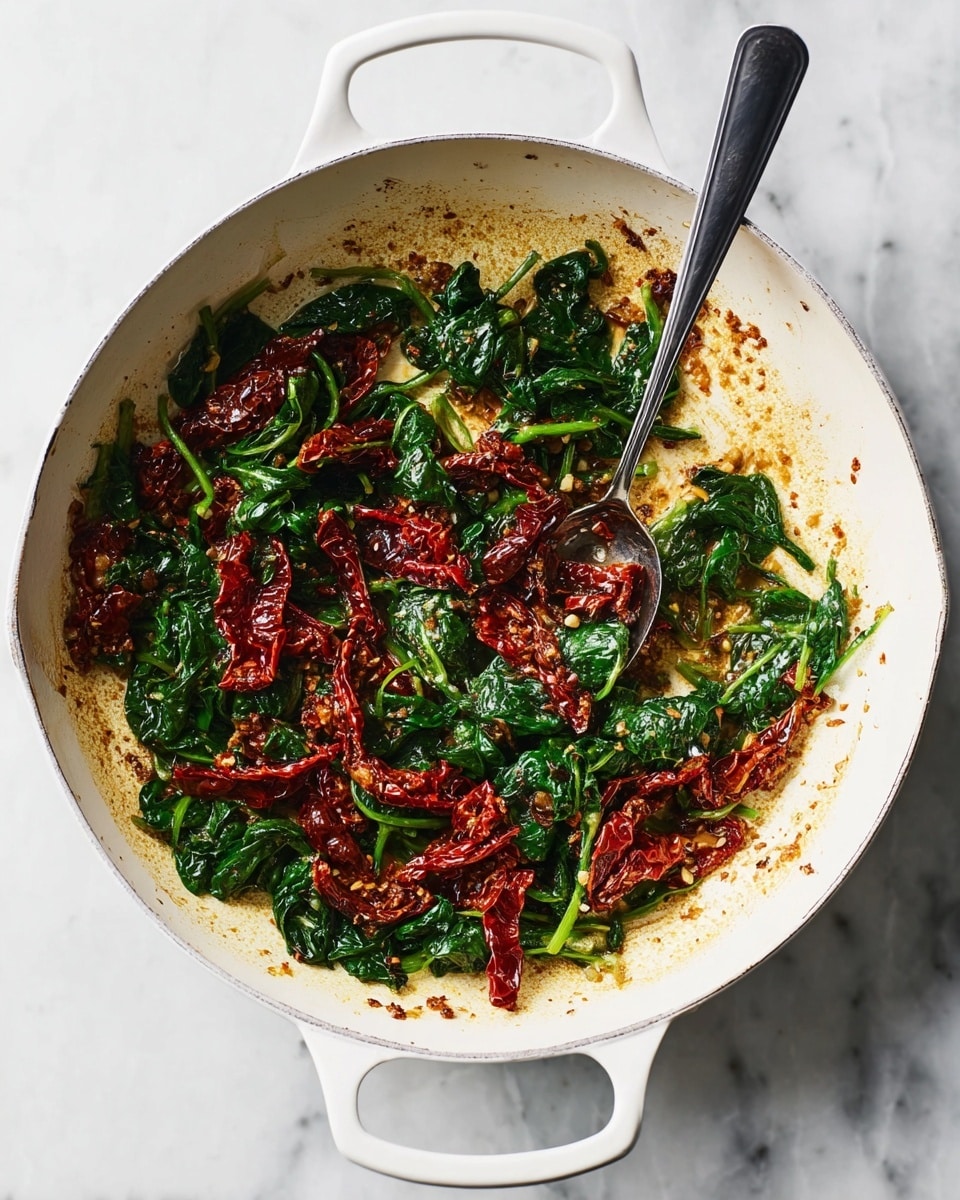 A white pan with two handles sits on a white marbled surface, containing sautéed dark green spinach leaves mixed with deep red sun-dried tomato strips. The pan bottom shows caramelized brown bits from cooking, giving texture contrast. Inside the pan is a metal spoon with a black base, resting among the spinach and tomato mix. The vegetables look glossy from oil and lightly cooked, arranged unevenly inside the pan photo taken with an iphone --ar 4:5 --v 7
