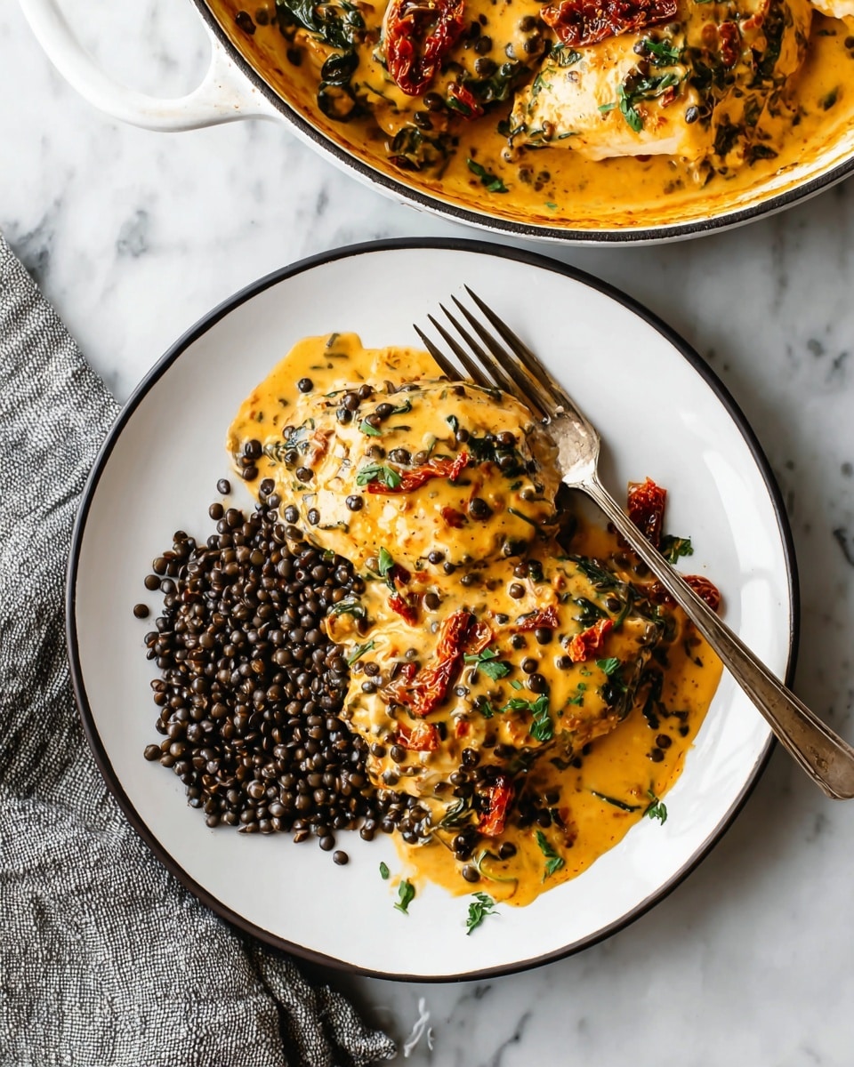 A white plate with a black rim holds a dish made of two main parts: on the left side, there is a neat pile of small, round black lentils, and on the right, a serving of chicken covered in a thick, creamy orange sauce. The sauce has visible dark green spinach leaves and bright red sun-dried tomato strips mixed throughout, spreading unevenly over the chicken. A silver fork rests on the right edge of the plate, touching the chicken and sauce. Above the plate, in the upper part of the image, a white pan with a black rim shows more chicken pieces coated in the same thick, creamy orange sauce with spinach and sun-dried tomatoes. The background is a white marbled surface, and a grey textured cloth is partially visible at the bottom left corner. Photo taken with an iphone --ar 4:5 --v 7