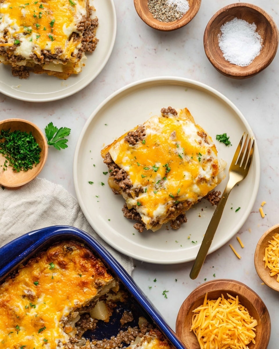 The image shows a square slice of layered cheesy ground beef casserole on a white plate, with a golden fork on the right side of the plate. The casserole has three visible layers: a base layer of light yellow potatoes, a middle layer of brown cooked ground beef mixed with white sauce, and a top layer of melted yellow and white cheese sprinkled with small green parsley pieces. Nearby, a partially eaten slice sits on another white plate, and close to the plates are two small wooden bowls, one with shredded yellow cheese and the other with shredded white cheese. A small white plate with salt and pepper sits near the top right, and a blue baking dish filled with the same casserole is at the bottom of the image, resting on a white marbled surface. Photo taken with an iphone --ar 4:5 --v 7