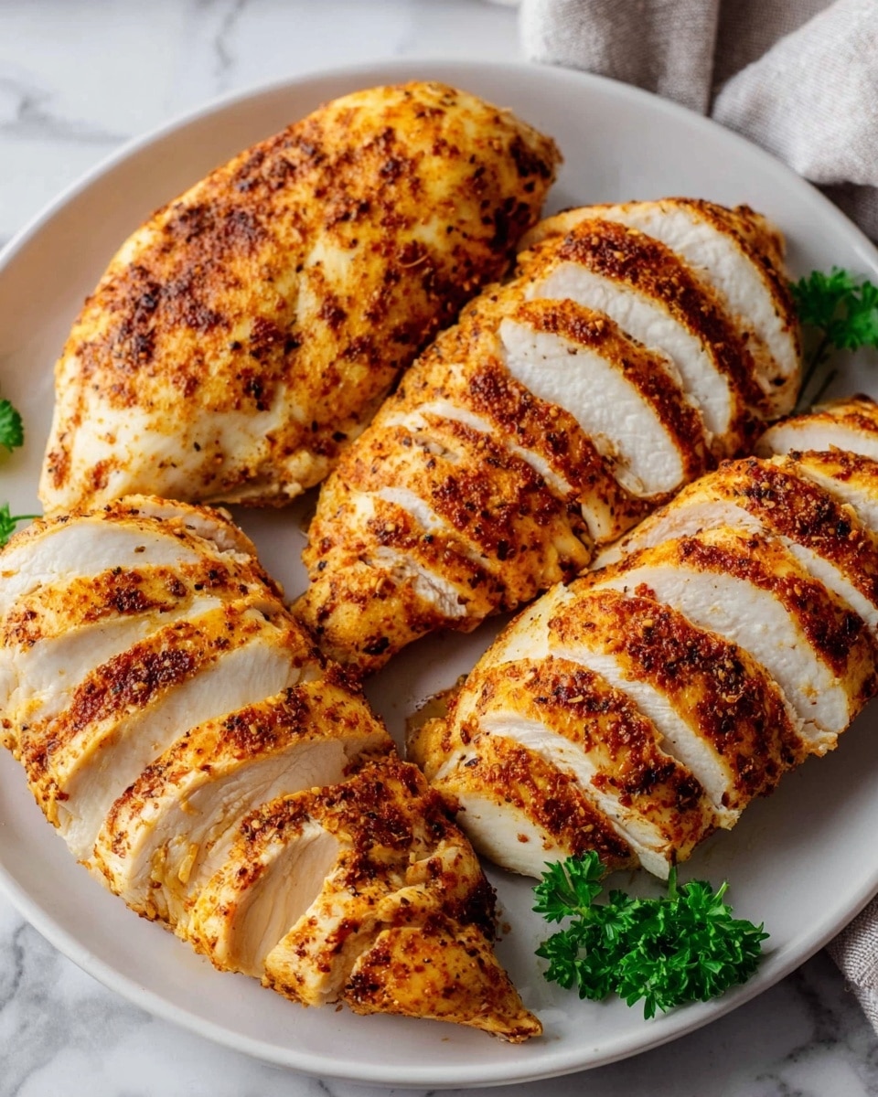 A white plate holds four cooked chicken breasts arranged side by side. Each chicken breast is sliced into even, thin layers, showing white tender meat inside and a golden brown, slightly spiced outer layer. The chicken pieces have a textured, slightly crispy surface with a mix of darker spice spots. A small green parsley garnish is placed near the bottom of the plate. The plate is set on a white marbled surface, with a soft cloth visible in the top right corner. Photo taken with an iphone --ar 4:5 --v 7
