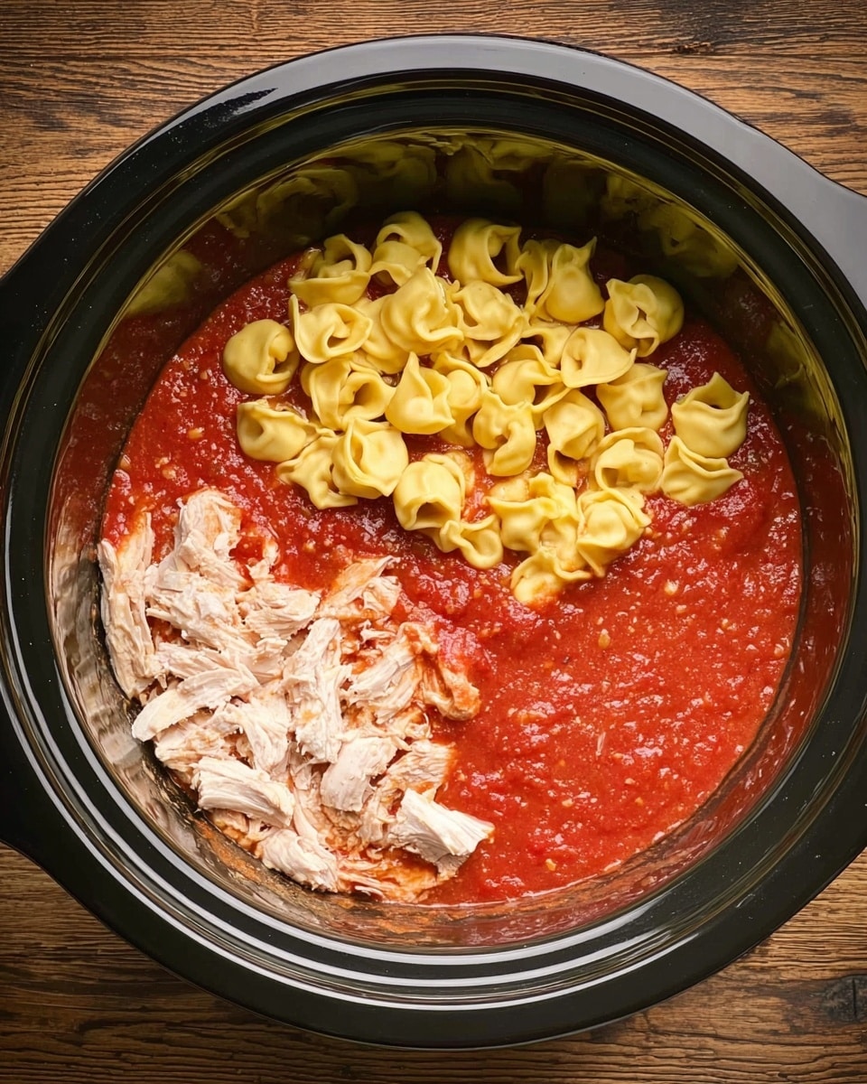 Inside a black slow cooker, there is a thick, bright red tomato-based sauce filling the bottom. On top of the sauce, there is a layer of shredded pale chicken, placed on one side. Next to the chicken, there is a layer of uncooked yellow tortellini pasta, which has a folded, rounded shape. The setting sits on a wooden surface. photo taken with an iphone --ar 4:5 --v 7