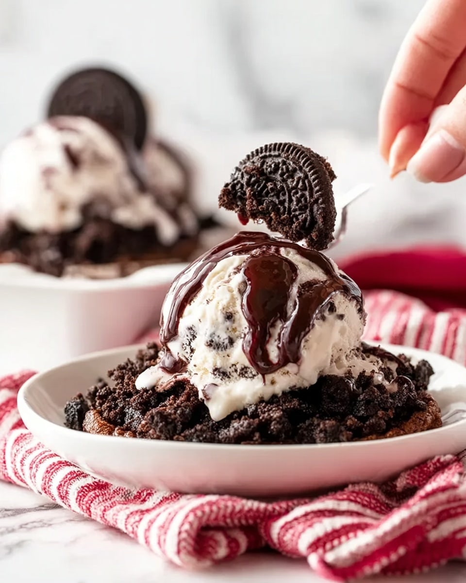 The image shows a white plate on a white marbled surface with crumbled dark brown chocolate cookie pieces forming the bottom layer. On top is a round scoop of white ice cream with bits of chocolate, with a drizzle of dark chocolate sauce on it. Behind the ice cream scoop, a whole dark chocolate sandwich cookie is partially visible, standing upright. A woman's hand is gently holding a piece of the cookie crumble near the plate. The setup includes a red and white striped cloth under the plate, and another similar plate with the same dessert blurred in the background. Photo taken with an iphone --ar 4:5 --v 7