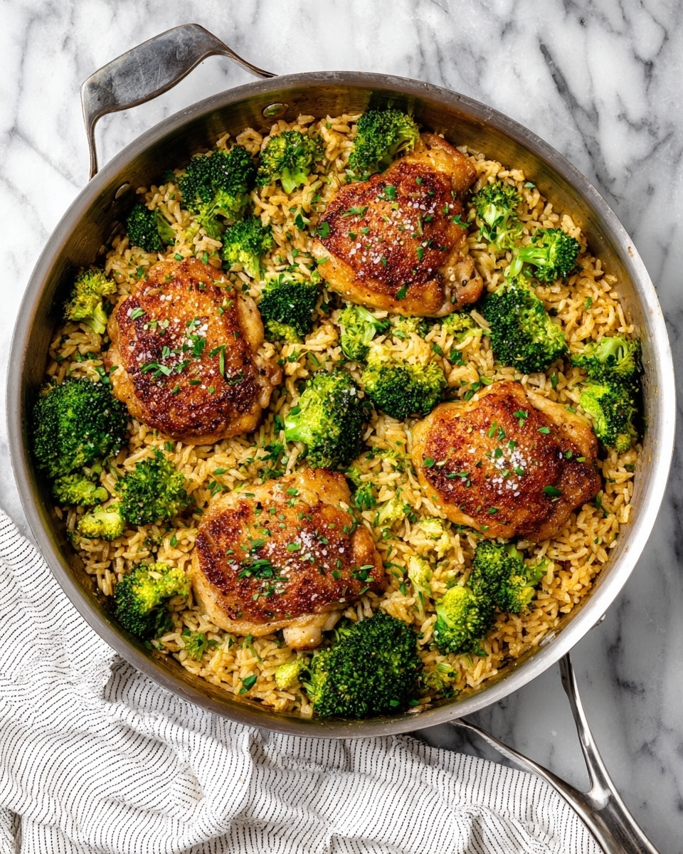A round stainless steel pan filled with a single layer of golden-brown rice mixed with bright green broccoli florets scattered evenly throughout. On top of the rice, there are four pieces of crispy, browned chicken arranged symmetrically around the pan, each piece sprinkled with small bits of fresh green herbs and coarse salt. The pan is placed on a white marbled surface with a white and gray striped cloth draped nearby. photo taken with an iphone --ar 4:5 --v 7