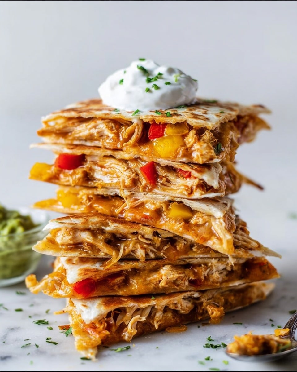 A stack of six golden brown quesadilla triangles is piled neatly on a white marbled surface. Each layer shows melted cheese mixed with shredded chicken and small pieces of red and yellow bell peppers inside the crispy tortilla. The top triangle is topped with a dollop of white sour cream and small green herb bits. To the side on the marbled surface is a spoon with a green dip, likely guacamole. Small bits of cheese and herbs are scattered around the stack. The overall look is warm, cheesy, and inviting. photo taken with an iphone --ar 4:5 --v 7