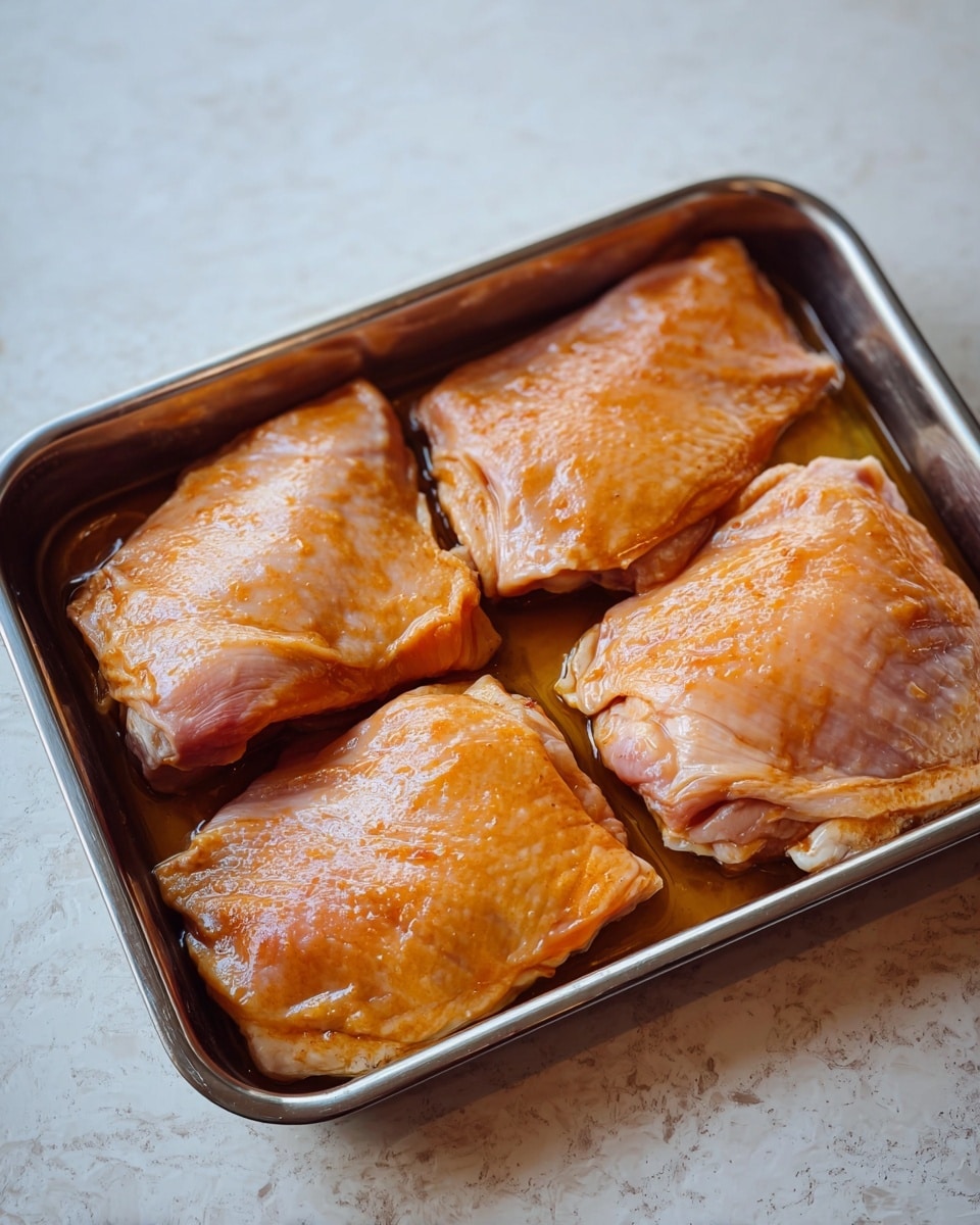 The image shows four pieces of raw chicken thighs with skin on, placed side by side in a metal tray. Each piece has a slightly shiny, light brownish-orange color from a marinade coating the surface. The skin is wrinkled with visible fat under the thin skin layer, and the meat underneath is a pale pink color. The tray is resting on a white marbled texture surface that adds a clean and simple look to the scene. photo taken with an iphone --ar 4:5 --v 7