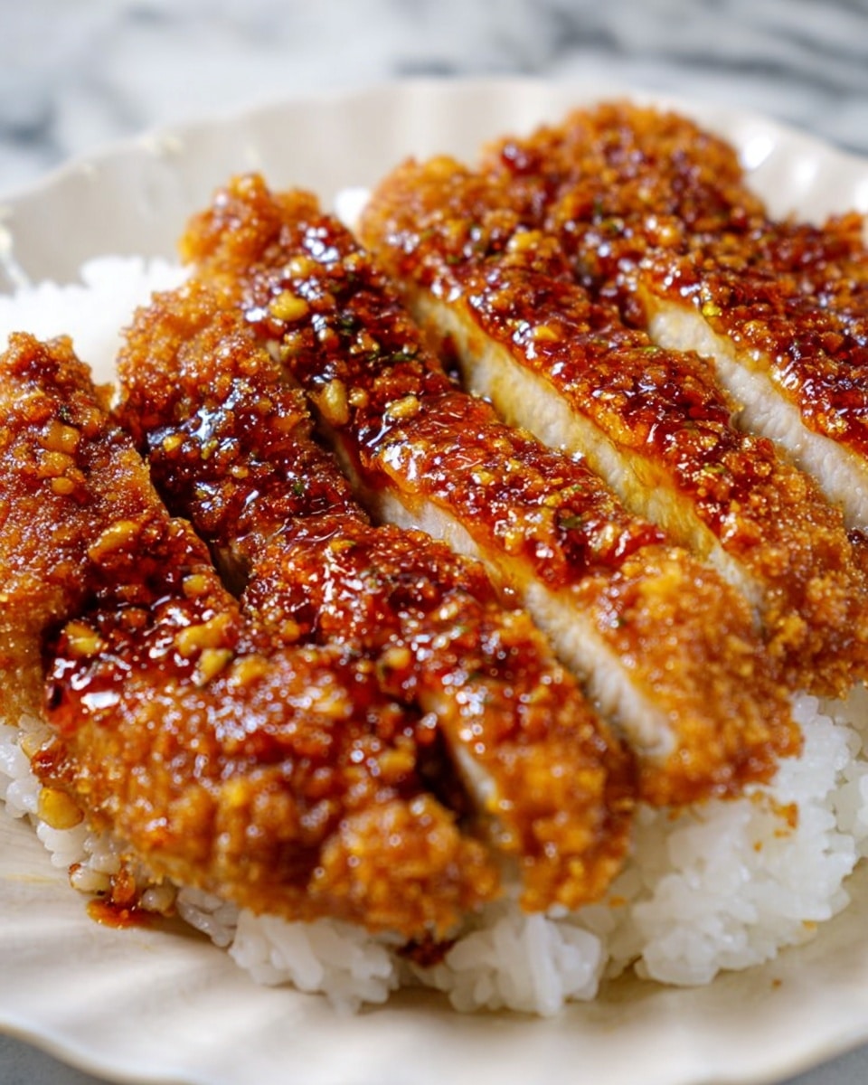The image shows slices of crispy, golden-brown fried chicken on the top layer, each piece covered with a shiny, thick reddish-brown sauce and small crunchy bits all over. The chicken is arranged in a neat row on top of a fluffy white rice layer, which forms the bottom layer and takes up most of the plate. The food sits on a white plate with a fluted edge, and the plate is placed on a white marbled surface. Photo taken with an iphone --ar 4:5 --v 7
