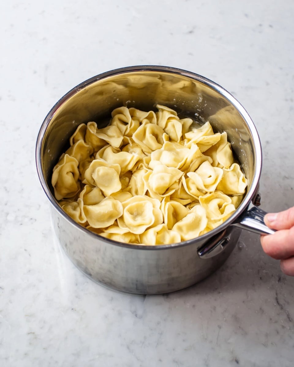A shiny silver saucepan filled with cooked tortellini pasta, which is pale yellow with a soft, smooth texture. The pasta pieces are layered loosely inside, showing their folded shape clearly. A woman's hand is holding the saucepan's handle on the right side. The saucepan is set on a white marbled surface, providing a clean and bright background. photo taken with an iphone --ar 4:5 --v 7