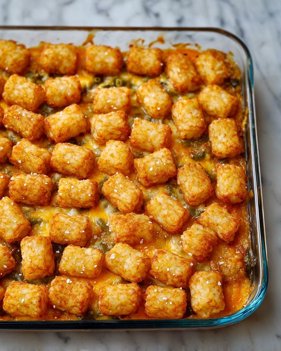 The dish is a close-up view of a square glass baking dish filled with a tater tot casserole. The top layer consists of golden-brown, crispy tater tots, evenly spread across the surface, each tot showing a textured, crunchy exterior with sprinkled coarse salt and pepper. Below the tater tots is a creamy, slightly visible orange layer of melted cheese sauce with hints of green beans peeking through beneath it. The glass dish sits on a white marbled surface. photo taken with an iphone --ar 4:5 --v 7