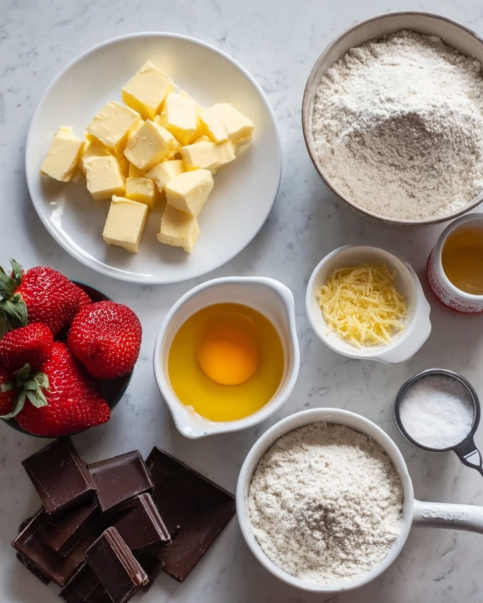 The image shows several white dishes and measuring cups on a white marbled surface. There is a white plate with small chunks of yellow butter. Next to it, there is a white bowl filled with white flour. A white measuring cup holds a yellow egg yolk, and another white cup has white sugar. There is a small white container with yellow lemon zest and another white bowl with pieces of dark chocolate. Fresh red strawberries are placed on the left side. The texture of the ingredients looks fresh and ready for baking. Photo taken with an iphone --ar 4:5 --v 7