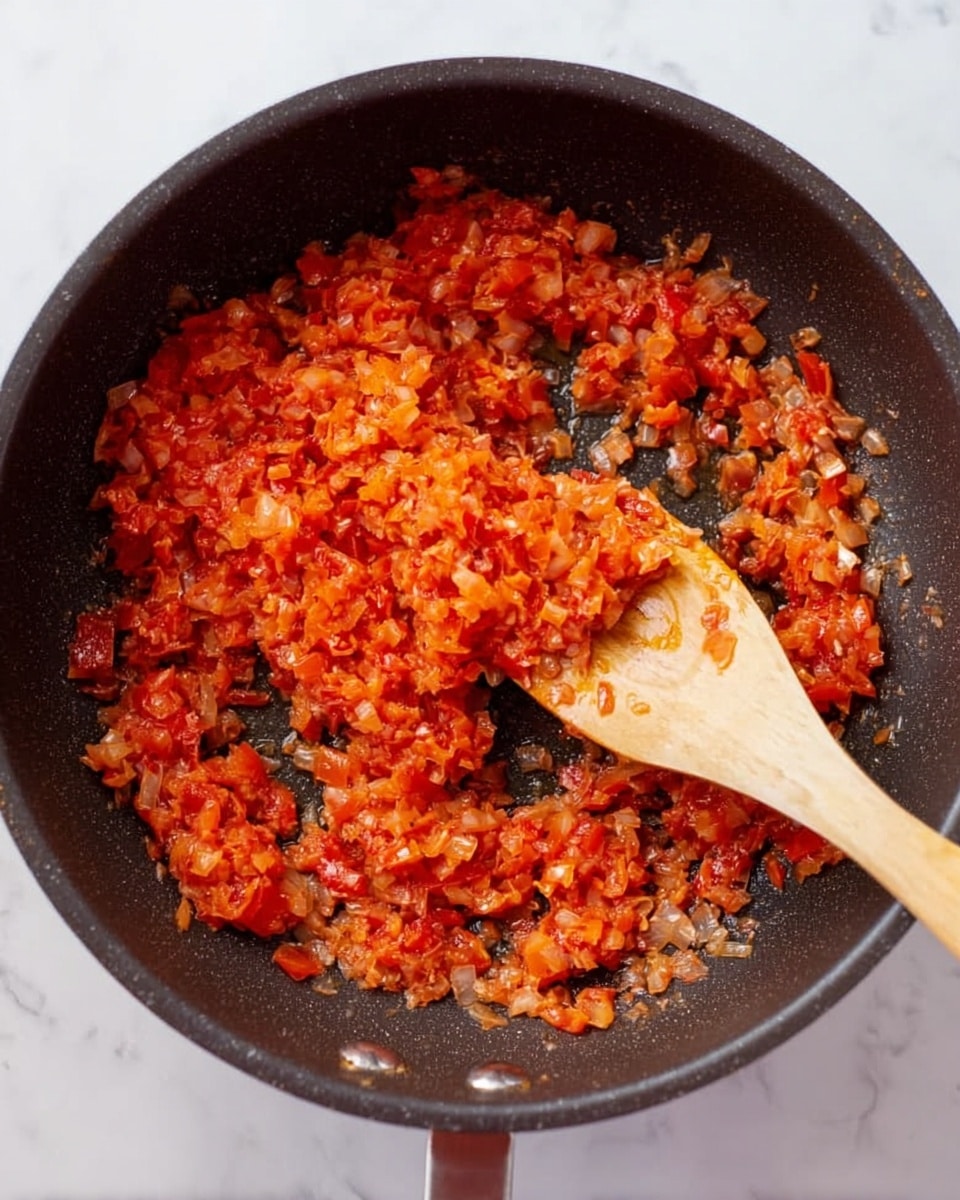 The image shows a close-up view of a black non-stick pan with a mixture of finely chopped orange-red tomatoes and onions being cooked. The mixture forms one layer spread across the bottom of the pan, with a wooden spoon resting inside it, partially lifting some of the mixture. The texture looks soft and slightly chunky, with a glossy appearance suggesting it is cooked in oil. The pan is placed on a white marbled surface. Photo taken with an iphone --ar 4:5 --v 7