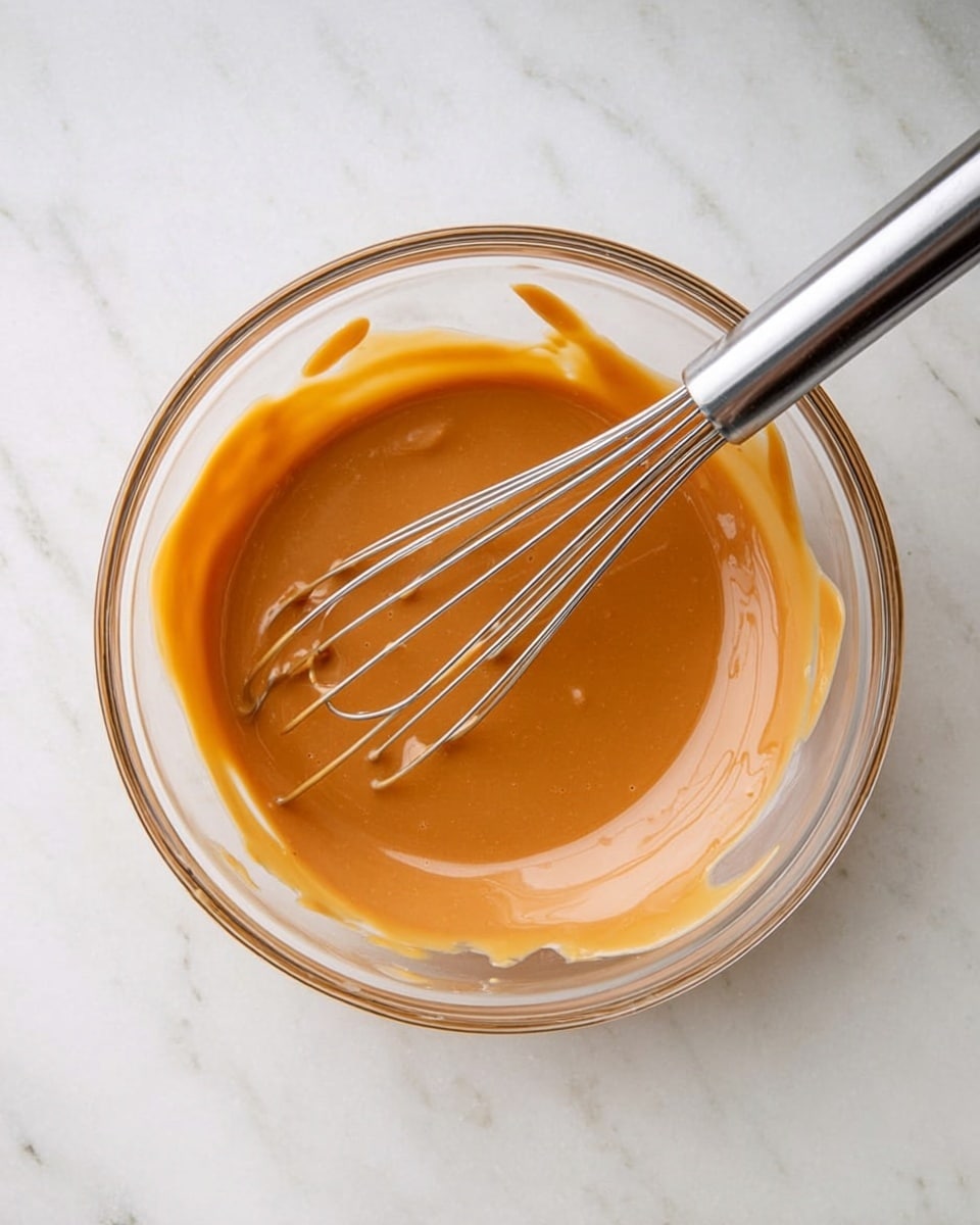 A clear glass bowl sits on a white marbled surface, filled with a smooth, thick caramel-colored sauce. A metal whisk with a shiny silver handle is partially dipped in the sauce, resting inside the bowl and showing thin trails of the sauce on the edges of the bowl. The sauce has a glossy texture and a warm light brown color, smoothly spread inside the bowl. photo taken with an iphone --ar 4:5 --v 7