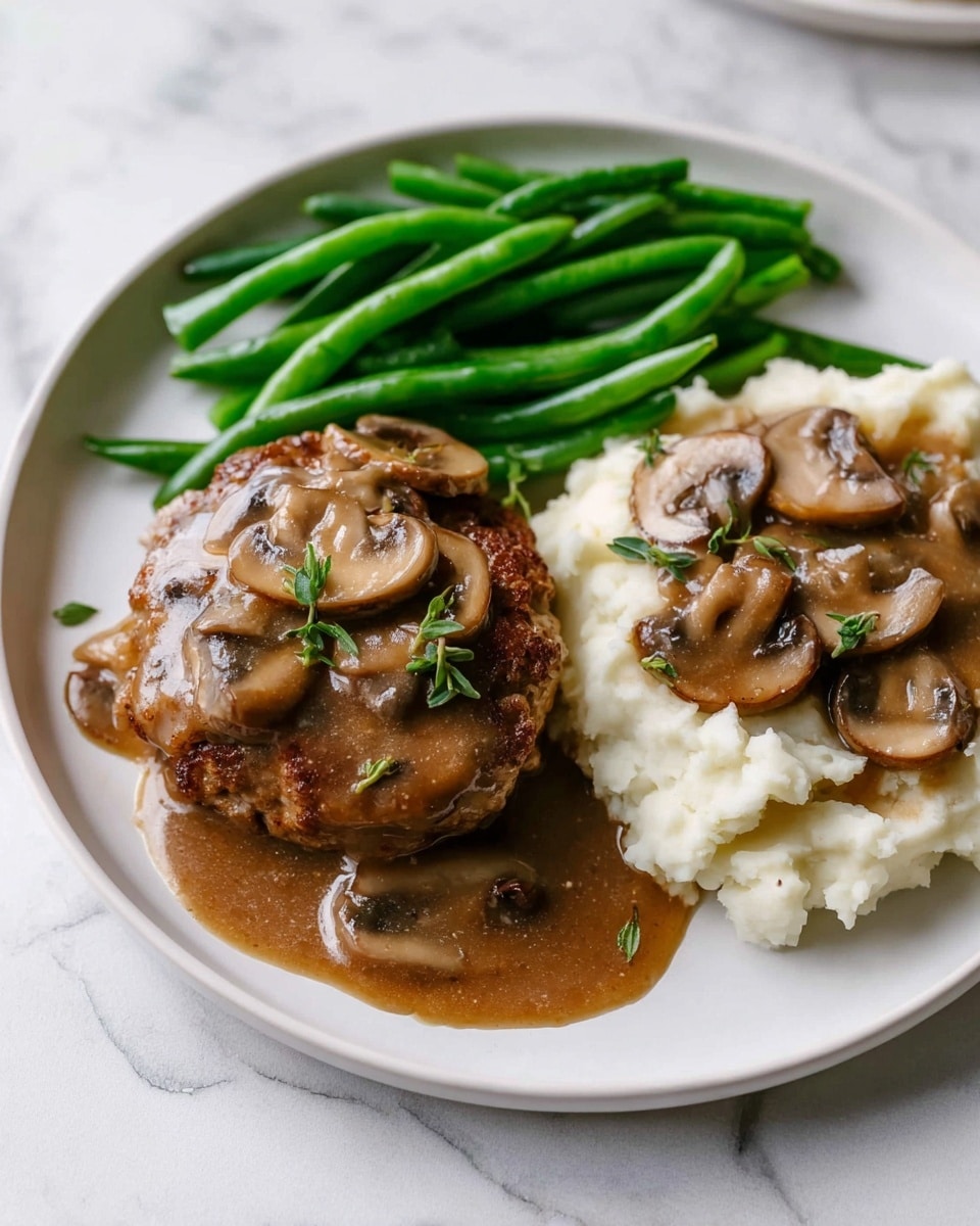 A white plate holds three main parts: on the left side, a round meat patty is covered with brown mushroom gravy, topped with pieces of sliced mushrooms and small green herb leaves; next to it on the right, there is a serving of white mashed potatoes with a smooth texture, also topped with mushroom gravy and sliced mushrooms; behind both, a pile of bright green cooked green beans adds a fresh and vibrant color to the dish. The plate rests on a white marbled surface. Photo taken with an iphone --ar 4:5 --v 7