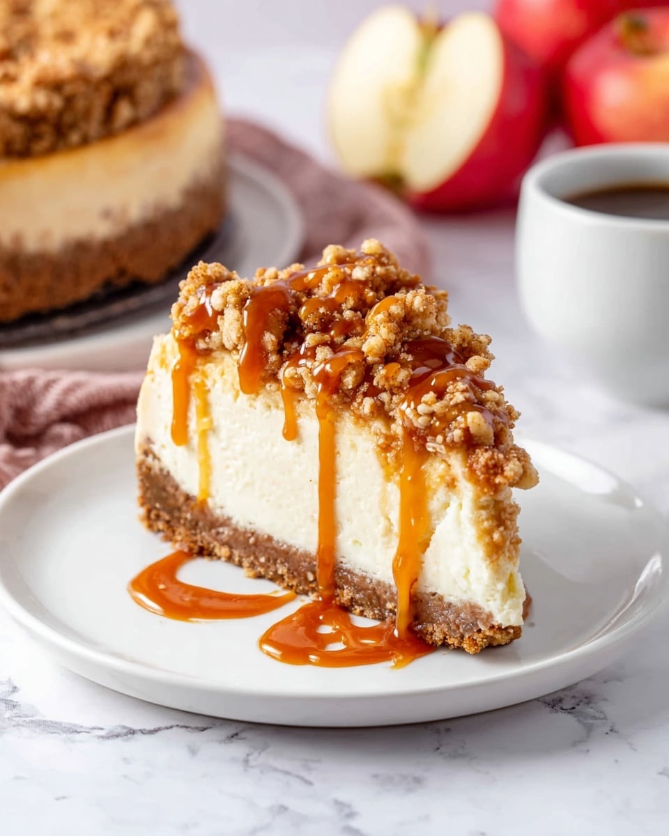 The image shows a slice of cheesecake on a white plate, placed on a white marbled surface. The cheesecake has three layers: a dense brown crust at the bottom, a thick creamy white middle layer, and a crumbly oat-streusel topping with a light brown color. Golden caramel sauce is drizzled from the top over the streusel and drip down the sides. In the background, a cup of coffee in a white cup and two red apples are slightly blurred, adding a cozy feel. Photo taken with an iphone --ar 4:5 --v 7
