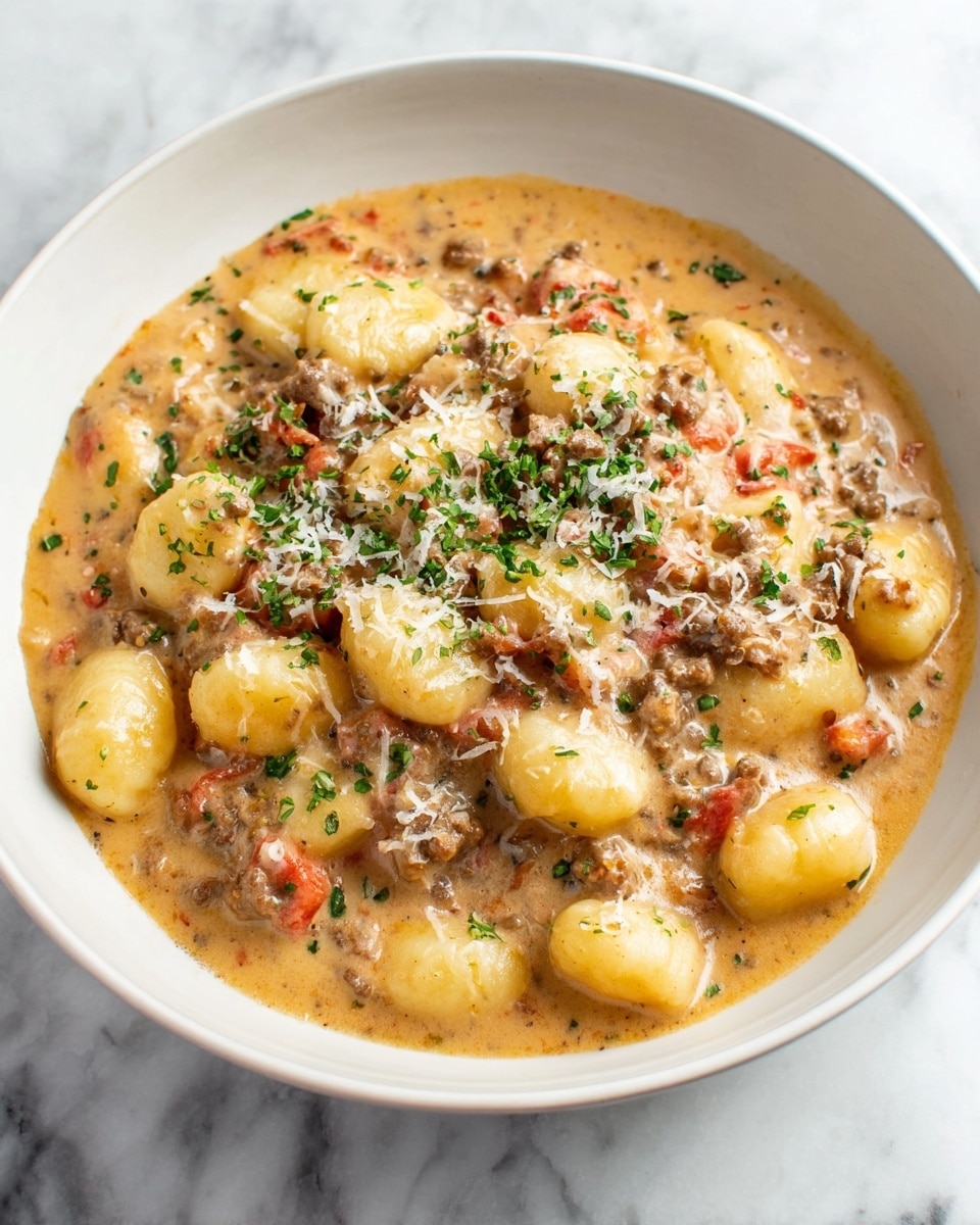 The image shows a shallow white bowl filled with soft, round gnocchi coated in a thick, creamy light brown sauce that has visible pieces of browned ground meat and red tomato bits mixed throughout. The dish is topped with small sprinkles of green herbs and fine shreds of white cheese, adding texture and color contrast. The bowl sits on a white marbled surface, highlighting the warm tones of the food. The sauce looks rich and slightly glossy, blending all the ingredients smoothly together. photo taken with an iphone --ar 4:5 --v 7