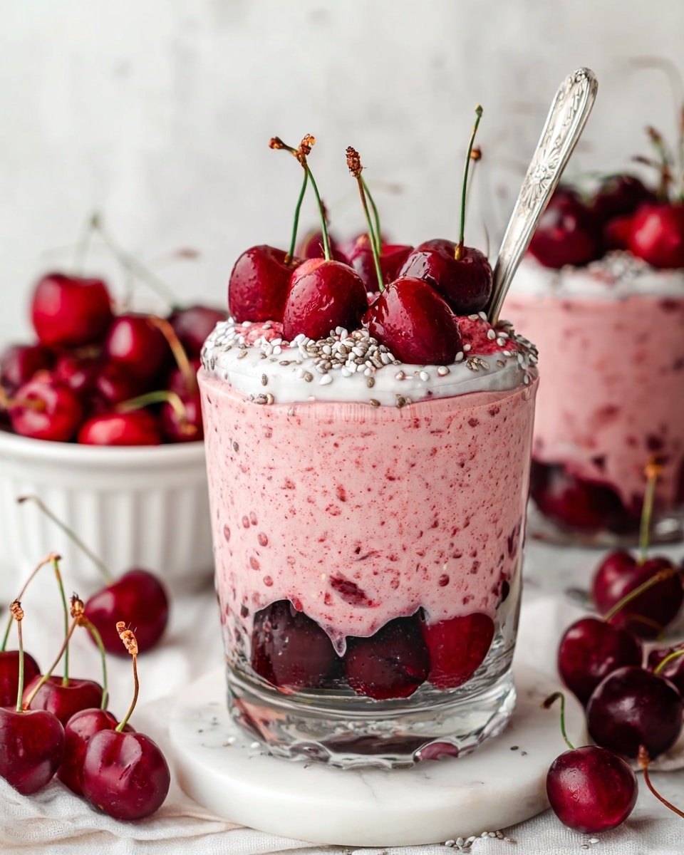The image shows a glass dessert with three clear layers, placed on a white marbled surface. The bottom layer is made of dark red cherry pieces lined up around the glass. The middle layer is a thick, smooth pink mixture with small visible seeds, filling most of the glass. The top layer is white and creamy with larger cherry pieces mixed inside and fresh whole cherries with stems placed on top. Some chia seeds are sprinkled over the cherries. There is a vintage silver spoon sticking out from the dessert. More fresh cherries are scattered around the glass and a white bowl filled with cherries is visible in the background. photo taken with an iphone --ar 4:5 --v 7