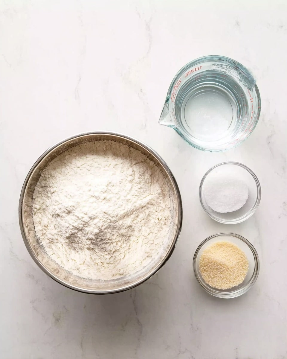 A shiny metal bowl filled with white flour sits on a white marbled surface. Next to it, there is a small clear glass bowl of white salt, a small glass bowl with light beige yeast granules, and a clear glass measuring cup filled with water. The items are arranged neatly on the white marbled surface, all viewed from above. photo taken with an iphone --ar 4:5 --v 7