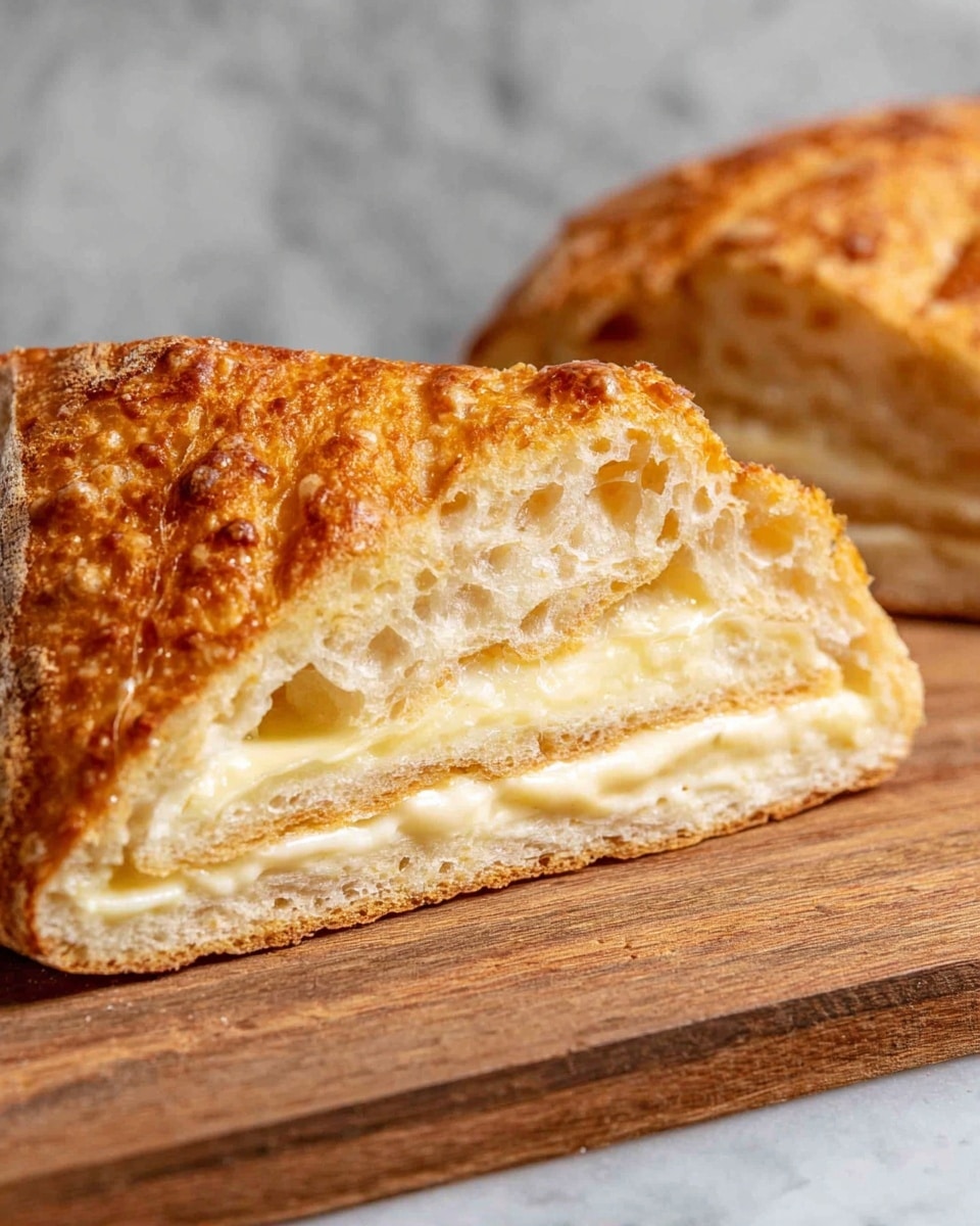 The image shows a close-up of a triangular slice of bread with a golden brown crust that looks crispy and bubbly. Inside the slice, there are thin layers of soft, light beige bread with a few melted creamy white cheese layers spread inside. The bread slice rests on a wooden board with a rough texture, and the background is a white marbled texture. Another full piece of bread with the same crust texture is blurred in the back. Photo taken with an iphone --ar 4:5 --v 7