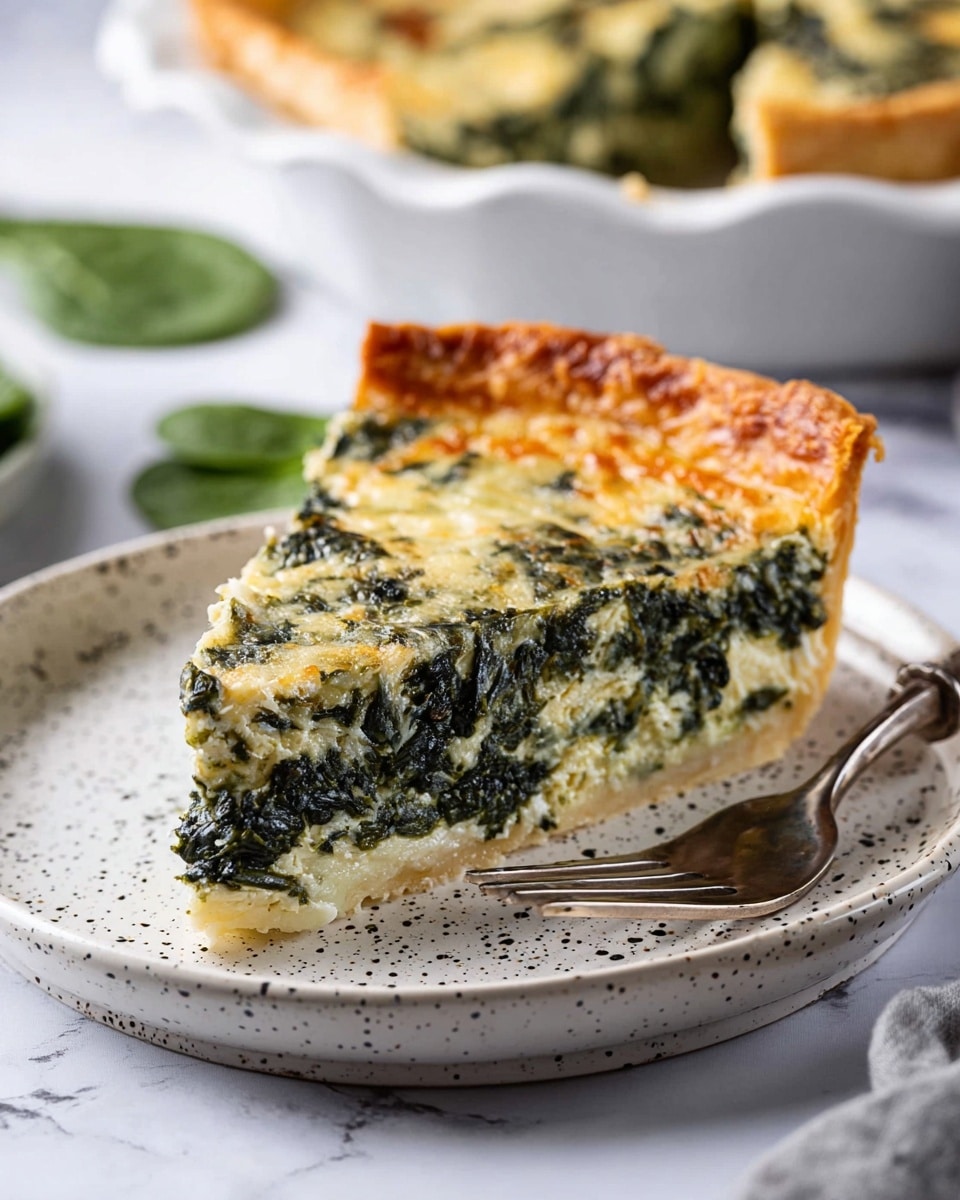 A close-up view of a thick slice of spinach pie on a white plate with black speckles, showing two main layers: a dark green cooked spinach layer mixed with light-colored cheese, topped with a thin melted cheese layer with a slightly golden crust; the slice has a light golden-brown crust edge visible on the right side, with a silver fork lying beside it. In the background is a white pie dish with the rest of the pie, all placed on a white marbled surface with some green spinach leaves scattered nearby. photo taken with an iphone --ar 4:5 --v 7