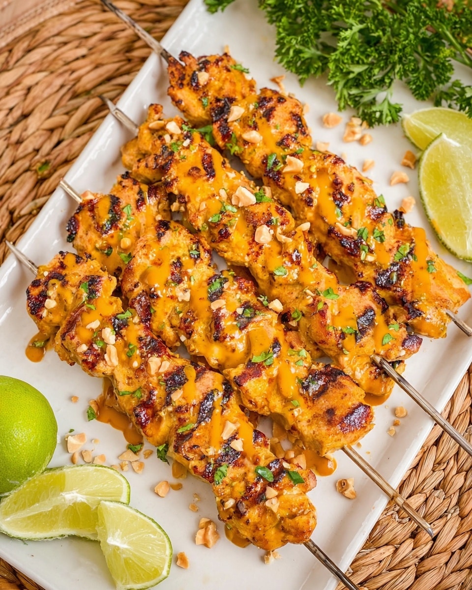 There are five metal skewers on a white rectangular plate. Each skewer holds bright golden grilled chicken pieces with dark grill marks and a shiny orange sauce drizzled on top. The chicken looks juicy and is sprinkled with small green herbs and crushed light-colored nuts. Two lime wedges with green skin and pale green flesh are placed on the plate, near the top left and bottom right corners. The plate sits on a woven natural fiber mat with a sprig of green parsley and a whole lime nearby. The photo taken with an iphone --ar 4:5 --v 7