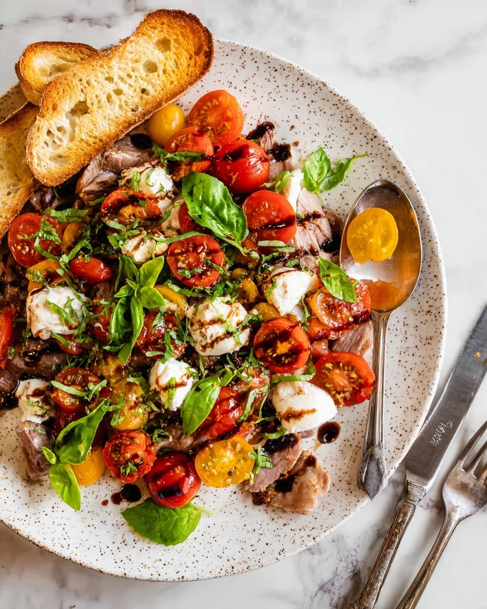 The dish is served on a large white speckled plate with a base layer of sliced cooked meat covered by chunks of white mozzarella cheese. On top, there are vibrant roasted cherry tomatoes in red and yellow, drizzled with a dark balsamic glaze, and scattered fresh green basil leaves adding bright color and texture. The plate is garnished with two toasted slices of golden brown bread set on the upper left side, and there is a shiny spoon and fork positioned on the right edge of the plate. All is placed on a white marbled surface. Photo taken with an iphone --ar 4:5 --v 7