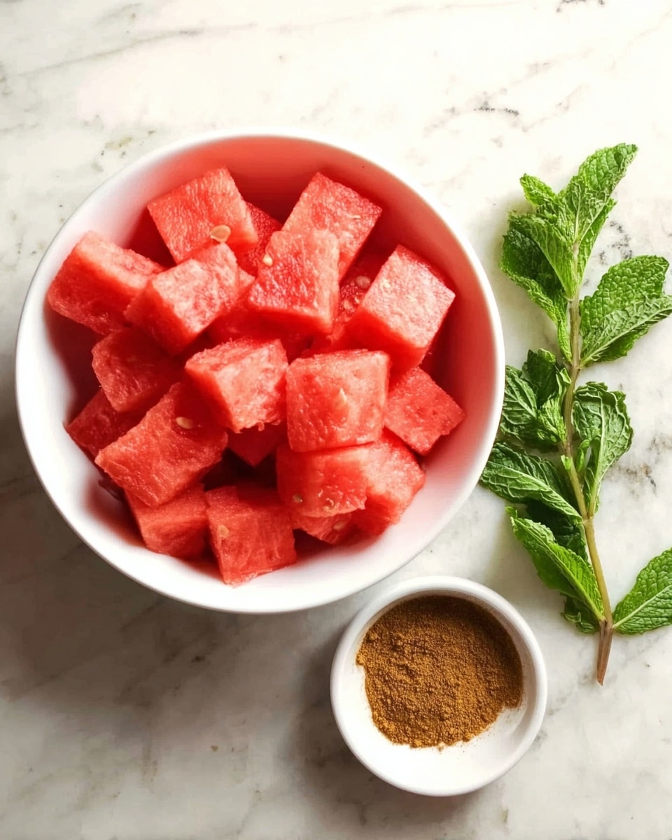 The image shows a white bowl filled with bright red cubes of watermelon placed on a white marbled surface. Next to the bowl, there is a small white bowl containing brown spice powder. On the right side of the bowls, there are a few green mint leaves arranged neatly on the white marbled background. Photo taken with an iphone --ar 4:5 --v 7