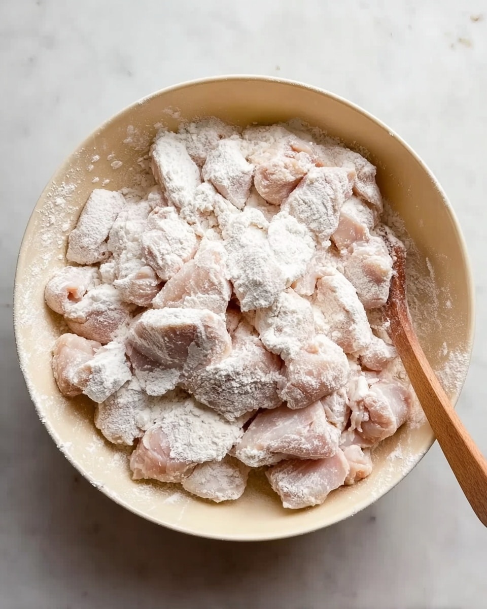 A white bowl filled with many pieces of raw chicken covered in white flour. The chicken pieces are light pink under the flour and look soft and moist. The flour is thickly spread all over the chicken, making most of the pieces look powdery. On the right edge of the bowl, there is a small wooden spoon partially buried in the flour and chicken pieces. The bowl sits on a white marbled surface. Photo taken with an iphone --ar 4:5 --v 7