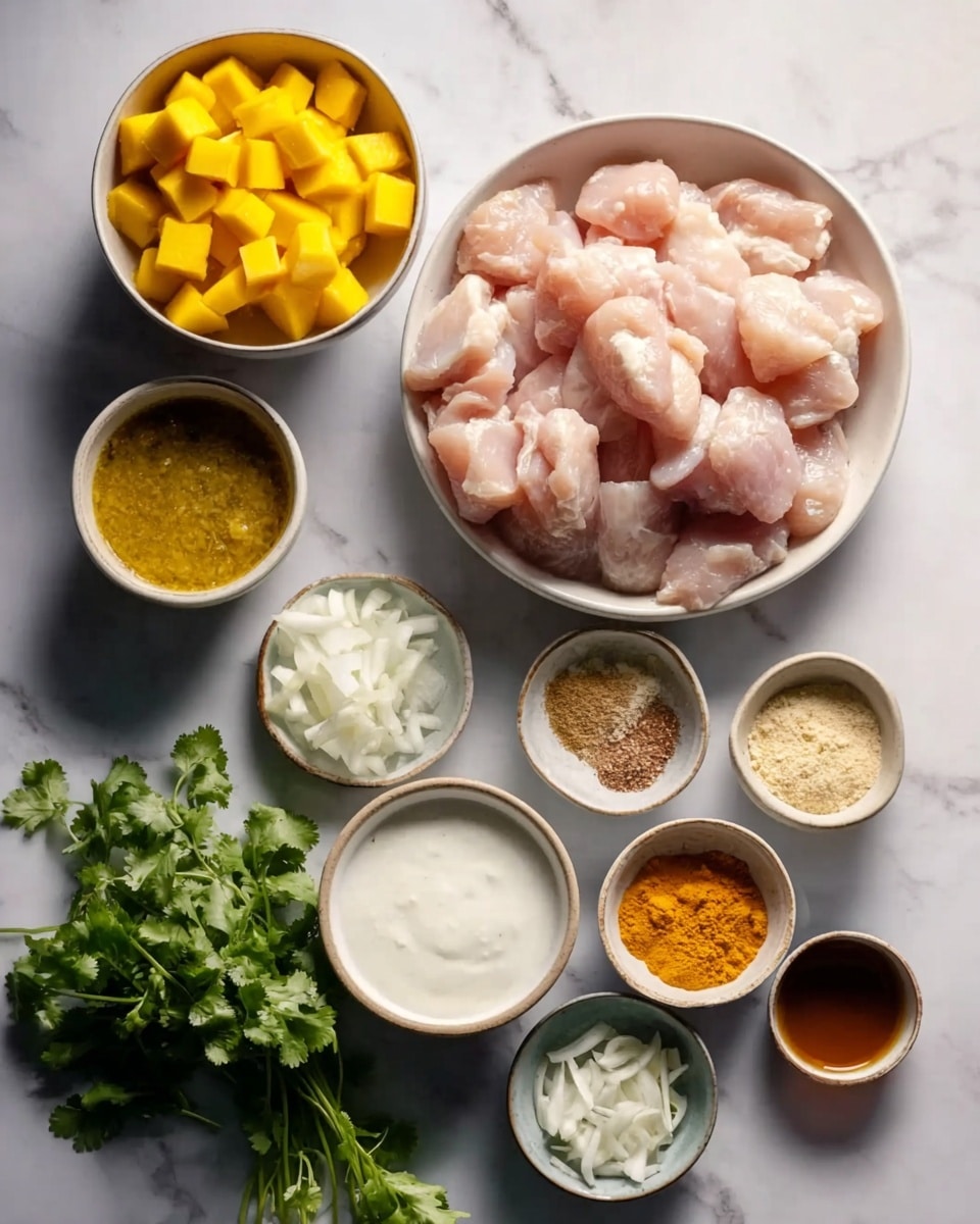 The image shows several white bowls arranged on a white marbled surface, each holding different ingredients. The largest white bowl in the center is filled with pale pink, raw chicken pieces. Above it to the left, a medium-sized white bowl contains bright yellow chunks of mango. Around these are smaller white bowls with various spices and ingredients, including white yogurt with a smooth texture, minced garlic, a fine beige powder, and a bright orange powder. To the bottom left, a small white bowl holds thinly sliced white onions, nearby a tiny white bowl has finely chopped garlic and another holds a brown liquid, likely sauce. A small bunch of fresh green cilantro leaves is placed near the bottom left corner. The lighting is soft and natural. Photo taken with an iphone --ar 4:5 --v 7