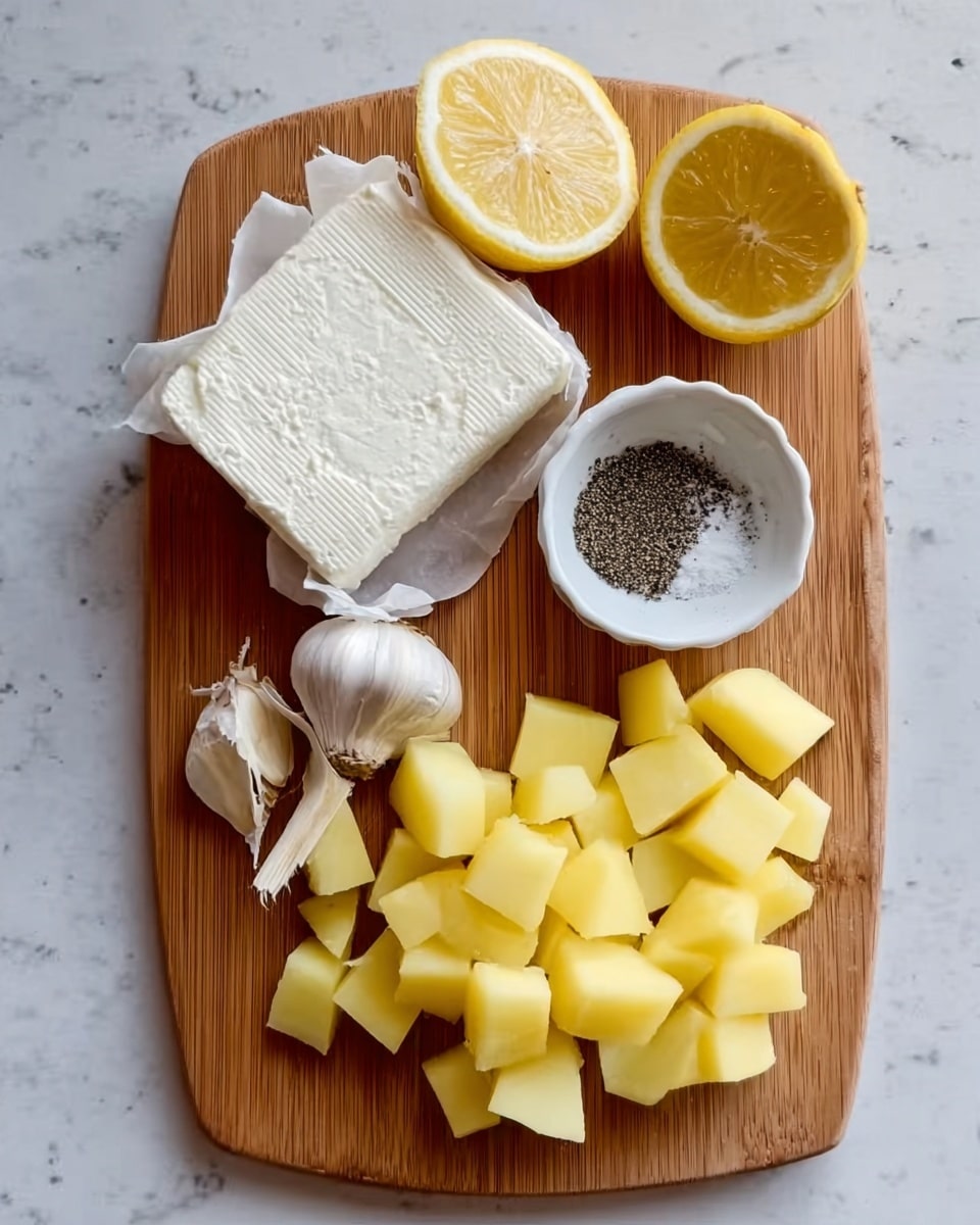 The image shows a wooden cutting board placed on a white marbled surface. On the board, there is a square block of white cheese with a smooth texture, partially wrapped in white paper. To the right of the cheese, there is a small white bowl filled with black pepper and salt. Two lemon halves, bright yellow and juicy, are positioned diagonally on the board, one near the top right and the other at the bottom left. A whole bulb of garlic with its papery skin is placed just below the bowl. The bottom right side of the board is filled with small, neatly diced yellow potato cubes. Photo taken with an iphone --ar 4:5 --v 7
