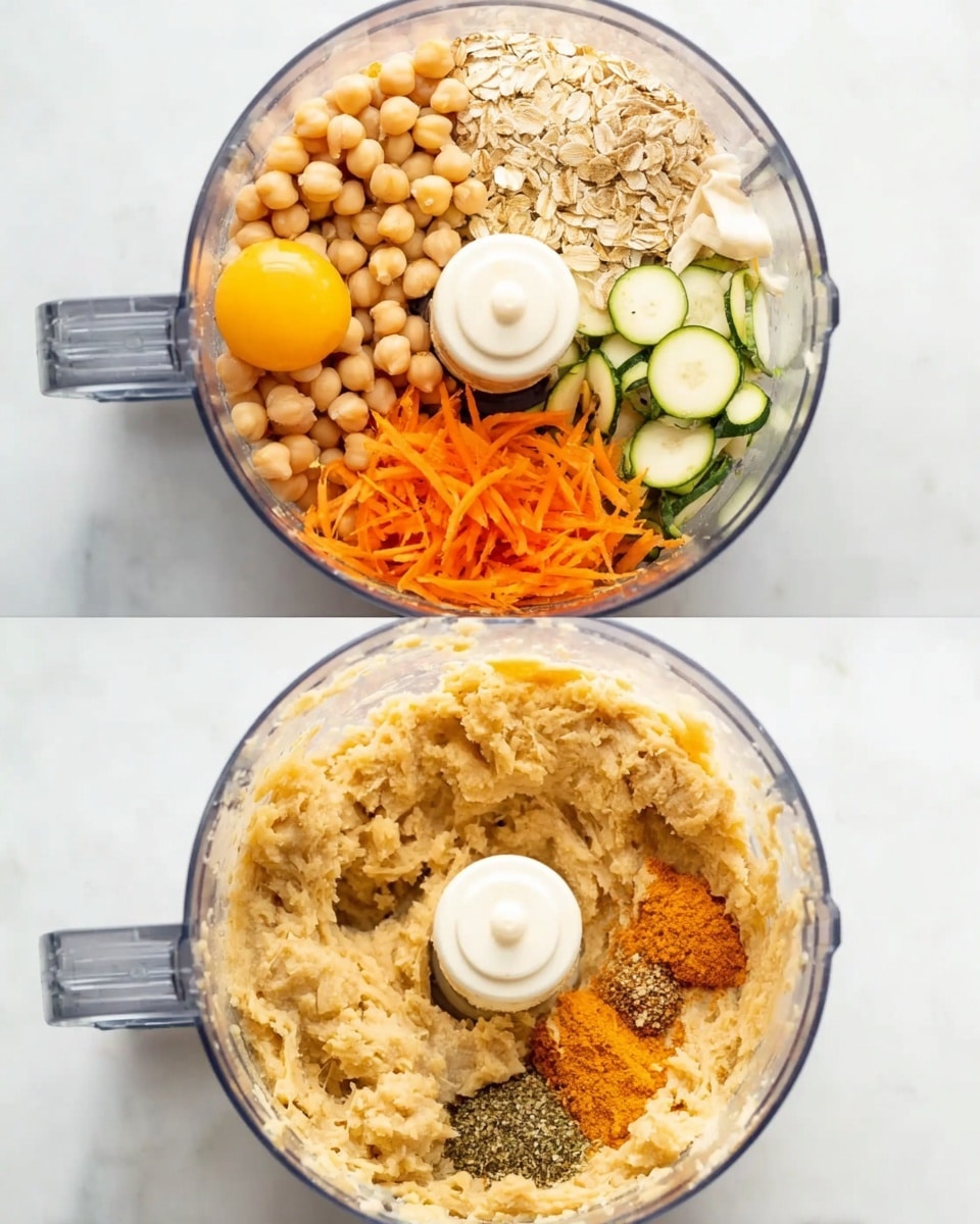 The image shows two clear food processor bowls on a white marbled surface. The top bowl contains many separate layers: round light beige chickpeas on the left, light oatmeal flakes near the top, two cracked bright yellow eggs on the right, shredded orange carrots and green zucchini slices at the bottom right, white onion pieces near the chickpeas, and a few brown and green spices sprinkled in the center. The bottom bowl has all the ingredients mixed together into a creamy, beige, slightly chunky mixture filling the bowl almost to the top. Both bowls have a white central blade piece visible. Photo taken with an iphone --ar 4:5 --v 7