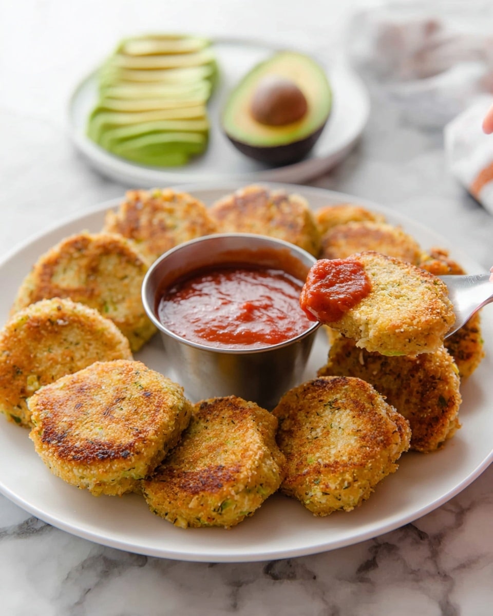 A round white plate holds many golden brown patties arranged in a neat circle. One patty is being dipped into a small silver cup full of thick red sauce at the center of the plate. The patties have a slightly rough, crispy surface with small green and white bits visible inside. In the background, a halved avocado with dark brown skin and light green flesh sits on a white marbled surface, alongside a white plate stacked with layers of pale green, white, and light brown food items. A woman's hand is gently holding the dipped patty. Photo taken with an iphone --ar 4:5 --v 7