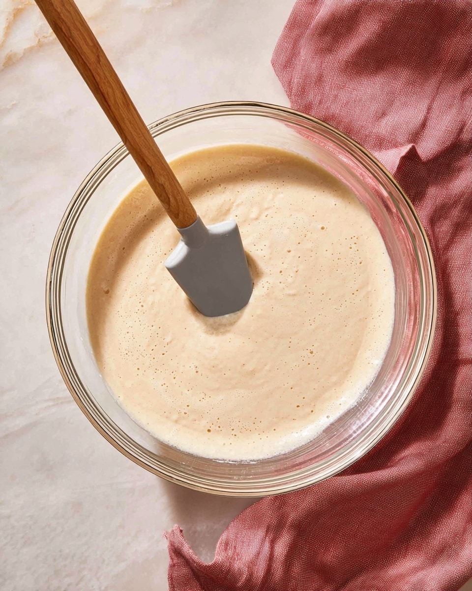 A clear glass bowl filled with light beige batter that looks smooth and slightly bubbly. A gray spatula with a wooden handle is partially dipped into the batter, resting inside the bowl. The bowl sits on a white marbled surface, next to a folded dark pink cloth on the right side. The lighting is soft and natural. photo taken with an iphone --ar 4:5 --v 7