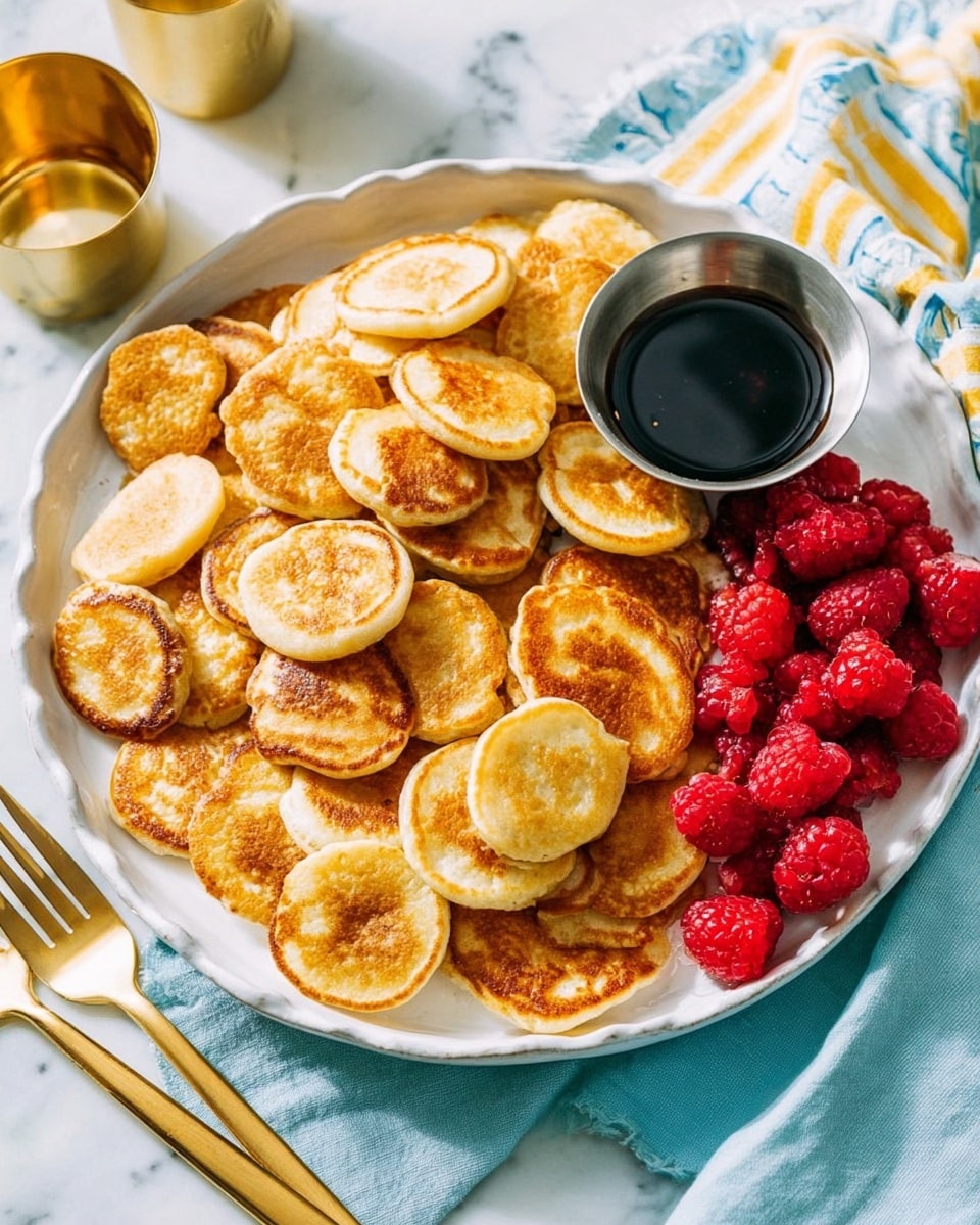A large white plate filled with many small, round golden mini pancakes stacked in a loose pile covering most of the plate. On the right side of the plate, there is a cluster of fresh red raspberries adding a bright color contrast. In the center, a small metallic cup holds dark maple syrup. The plate sits on a white marbled surface with a light blue cloth and a white towel with yellow stripes beside it. Two gold forks and two small gold cups are partially visible on the left side. The scene is brightly lit and inviting. photo taken with an iphone --ar 4:5 --v 7