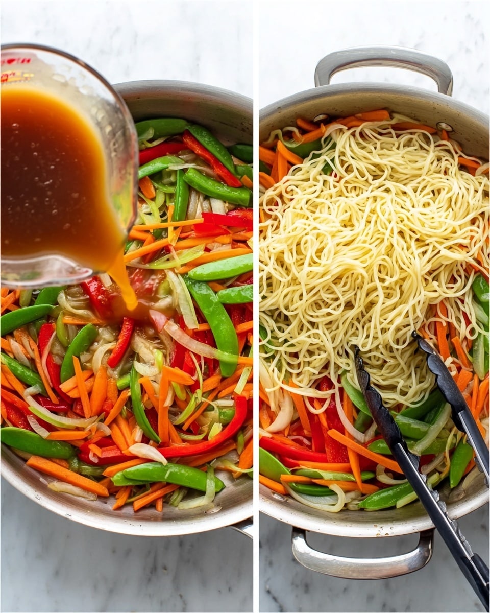 The image shows a two-part cooking scene with a silver pan on a white marbled surface. On the left, a brown sauce is being poured from a clear measuring cup into the pan containing colorful vegetables: bright green snap peas, orange carrot sticks, and red bell pepper strips, with bits of white onion scattered among them. On the right, cooked pale yellow noodles are placed on top of the same vegetables in the pan, with black and silver tongs resting inside the pan. The vegetables are evenly spread around the noodles, showing a mix of smooth and crisp textures. Both parts have bright, natural lighting highlighting the fresh ingredients. photo taken with an iphone --ar 4:5 --v 7