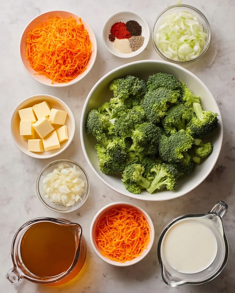 A flat lay of various ingredients placed on a white marbled surface, each in white bowls or clear glass pitchers. In the center is a large white bowl filled with fresh green broccoli florets. Around it, starting from the top left, is a white bowl with bright orange shredded carrots, next to it a small white dish holding black pepper, red paprika, and salt. Below that is a smaller white bowl with finely shredded orange vegetables (likely carrots). A small white dish on the bottom left contains minced garlic. Below the broccoli bowl, on the left, is a clear glass pitcher filled with brown liquid broth. Beside it, a small white bowl holds several pieces of butter. Next to that is a small white bowl with coarse white salt. At the bottom right, a clear glass pitcher contains milk, and next to it another clear glass pitcher holds chopped white onions. Photo taken with an iphone --ar 4:5 --v 7