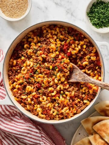 Hearty Ground Beef Goulash with Pasta and Corn Recipe